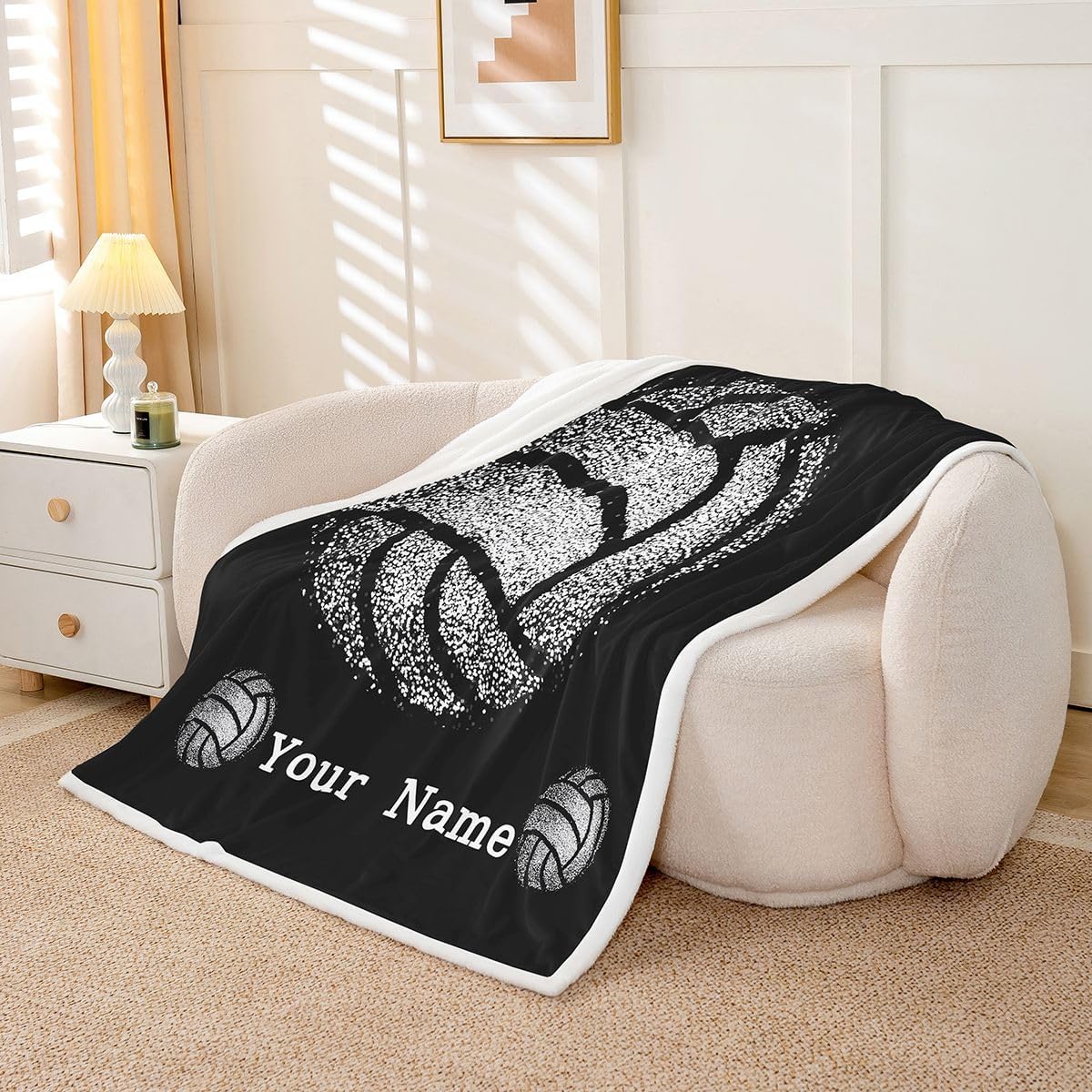 Erosebridal Personalized Volleyball Throw Blanket for Couch Sport Fleece Blanket for Boys Grey Sequins Glitter Sherpa Blanket Throw Black Customized Blanket Kids Toddler Teens Bed Blanket Home Decor