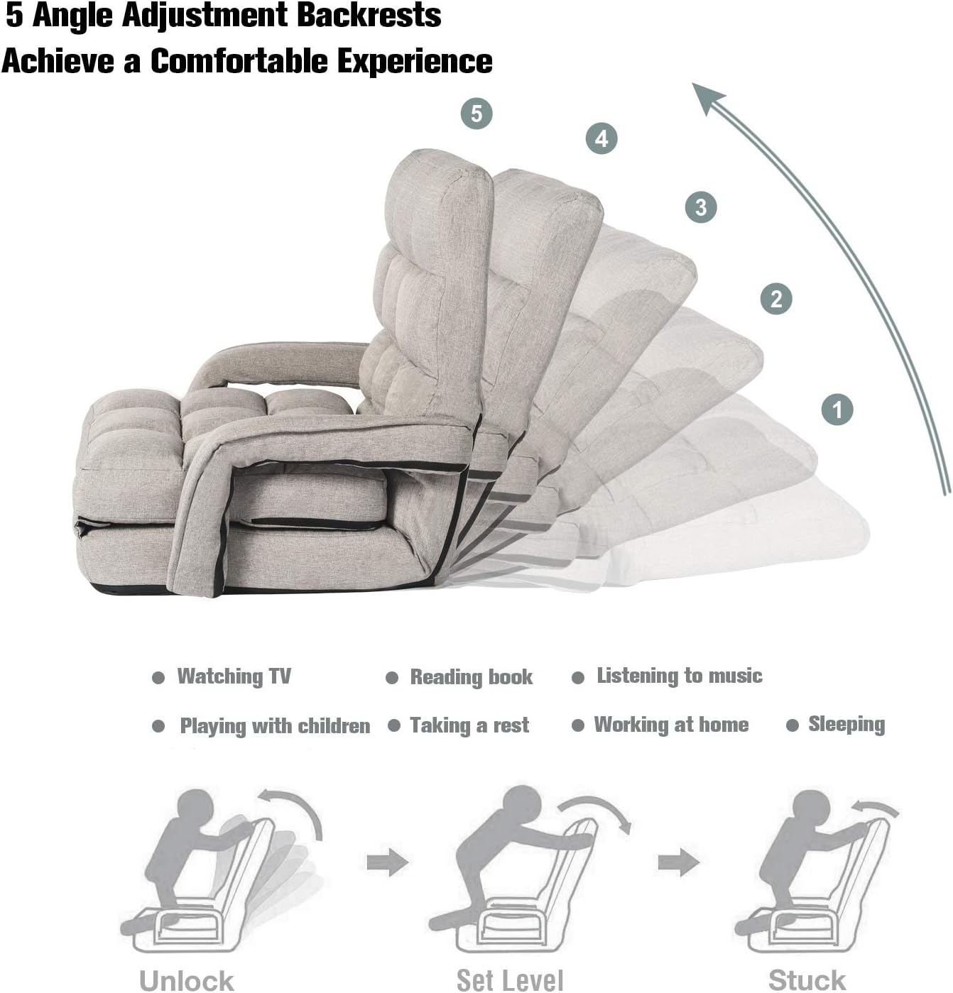 STHOUYN Chaise Lounge Indoor, Folding Floor Lazy Sofa Foldable Bed Chair 5-Position Adjustable Comfy Gaming Recliner Chair Padded Seats with Armrests Pillow, Chaise Couch Living Room (Light Grey)