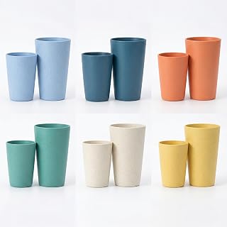 12 Pack Premium Wheat Straw Cups, 6 Pcs 20 oz & 6 Pcs 10 oz Unbreakable Drinking Cups, Alternative to Plastic Cups Sets, Reusable Water Glasses Tumbler, Microwave & Dishwasher Safe, Bpa Free, 6 Colors
