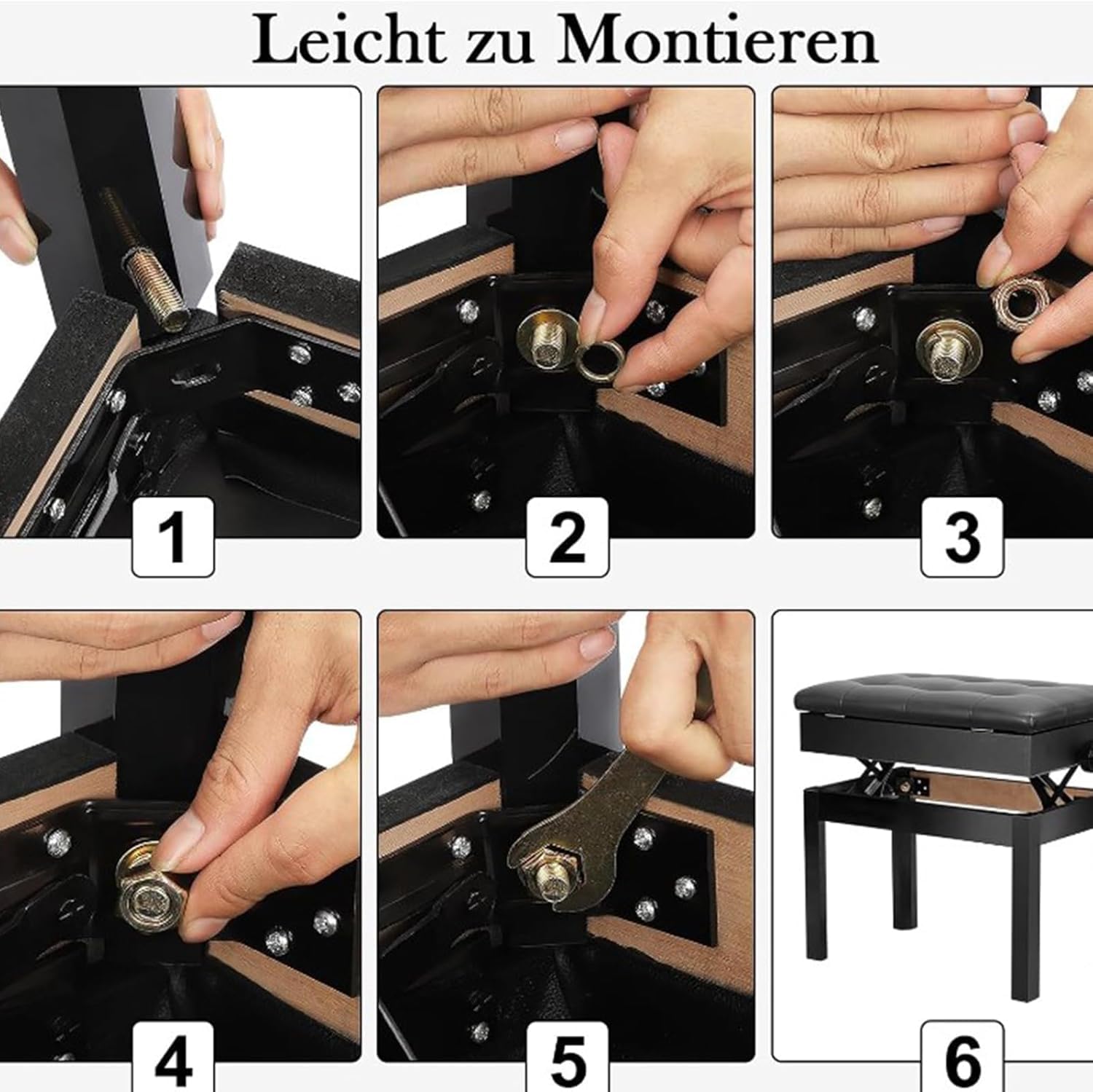 Klavierbank Klavierhocker Höhenverstellbar Mit PU Leder Gepolsterter Höhenverstellbarer Hocker Sitz Kissen Stauraum Taste Ablagefach Hocker Schwarz 56 x 33.5 x 58CM