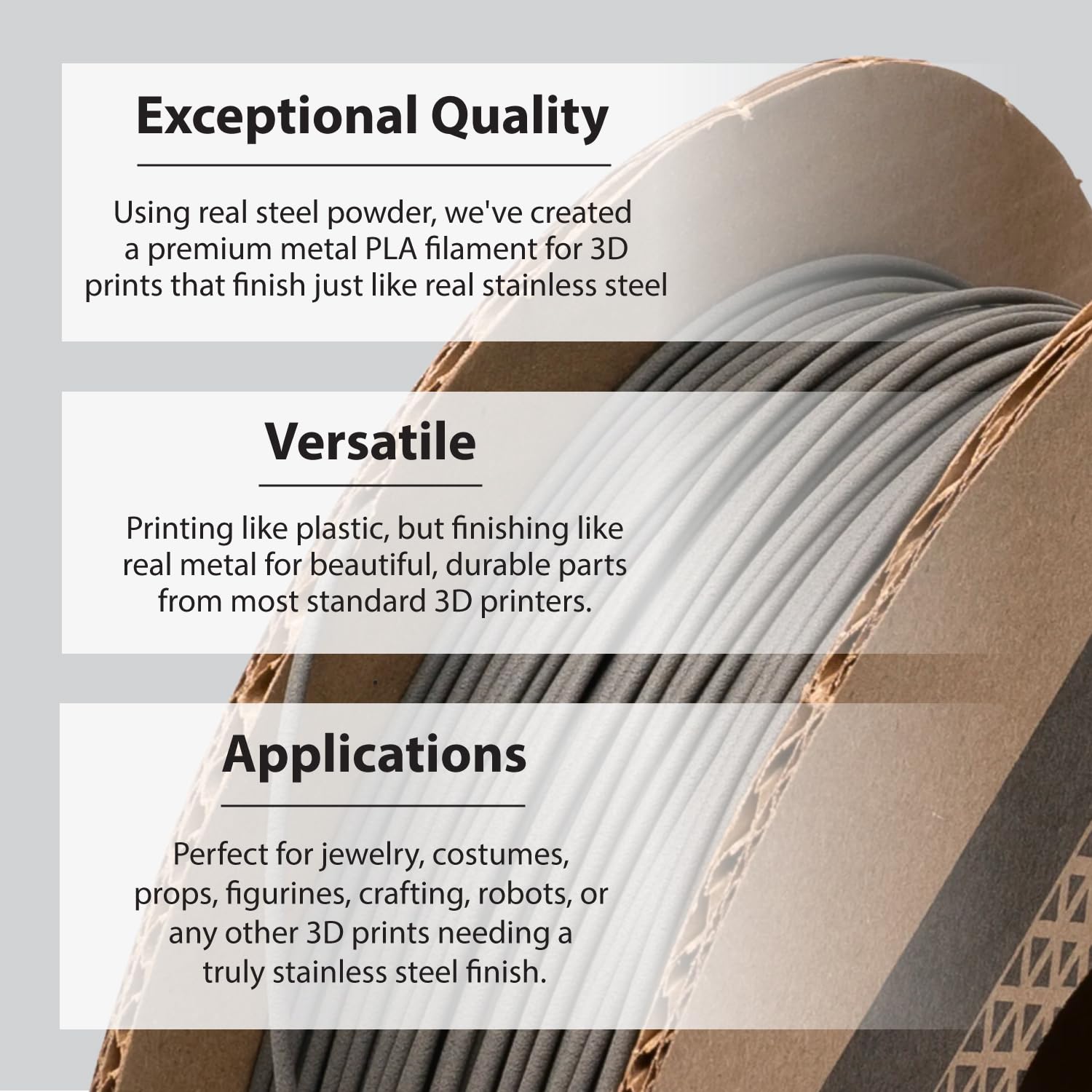 proto-pasta ssp11720 polishable Bobina de acero inoxidable, Pla 1,75 mm, 2 kg, Gris