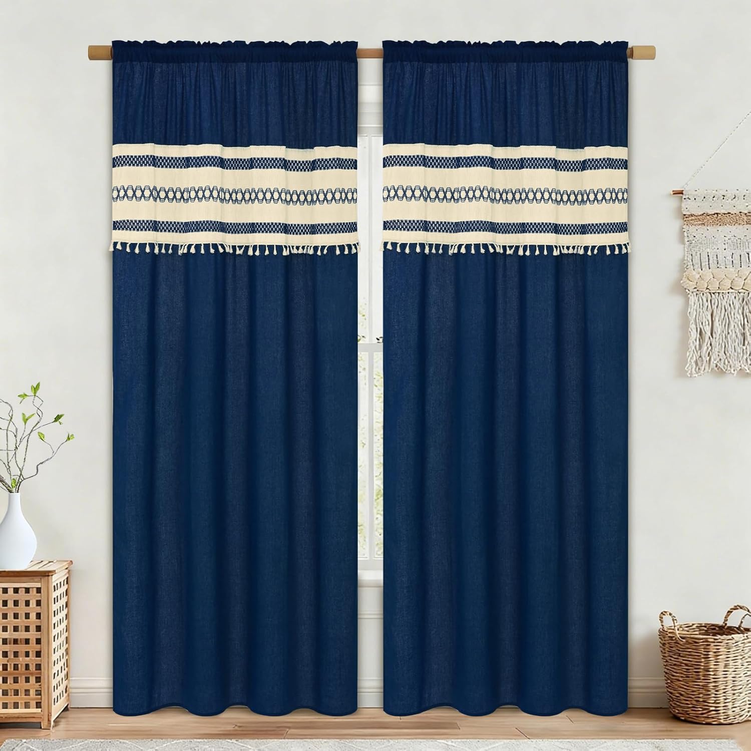 FRAMICS Linen Curtains for Living Room Farmhouse Curtains for Bedroom Blue Window Curtain Boho Crochet Drapes 84 Inch Length 2 Panels Set Light Filtering Rod Pocket Window Treatment