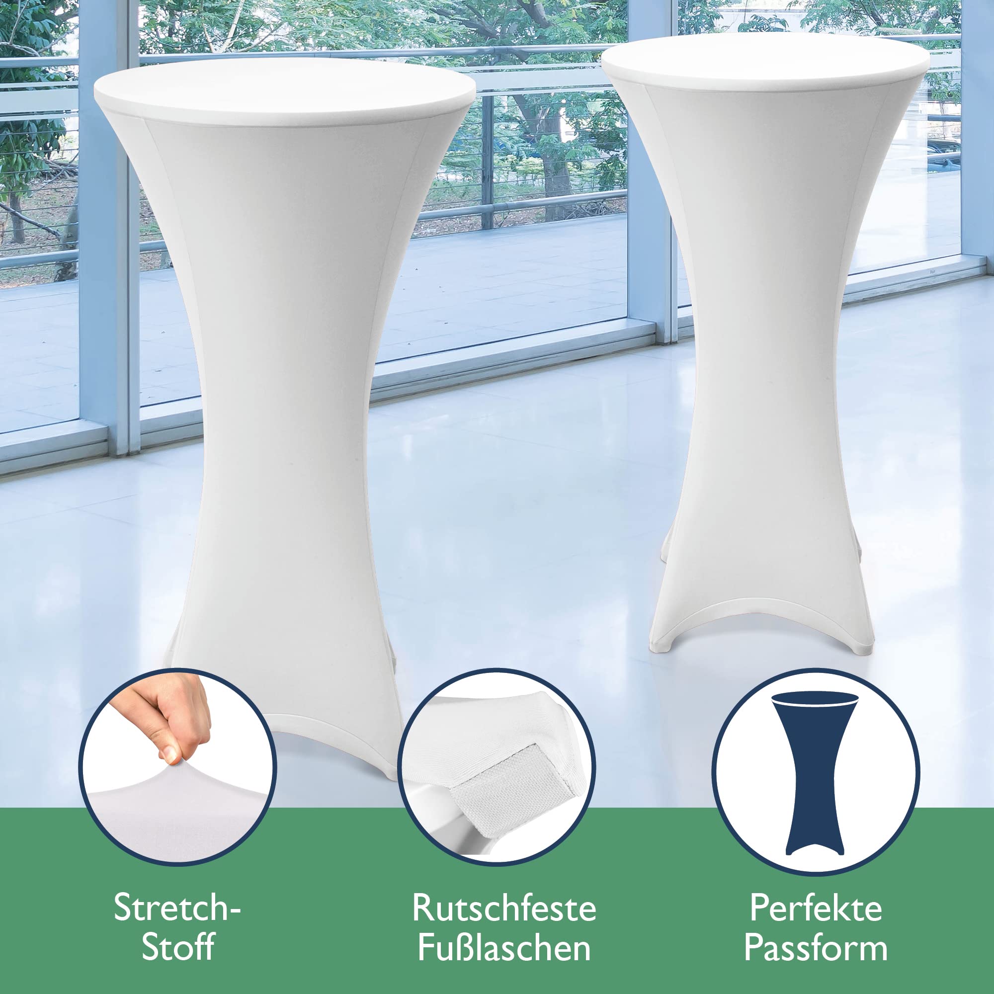 Beautissu Weißer Stehtisch klappbar 70 cm mit Stretch Stehtischhusse Weiß – Outdoor Bistrotisch Kratzfest, UV- & wetterbeständig – Husse rutschfest, waschbar & bügelfrei – Bellini & Stella