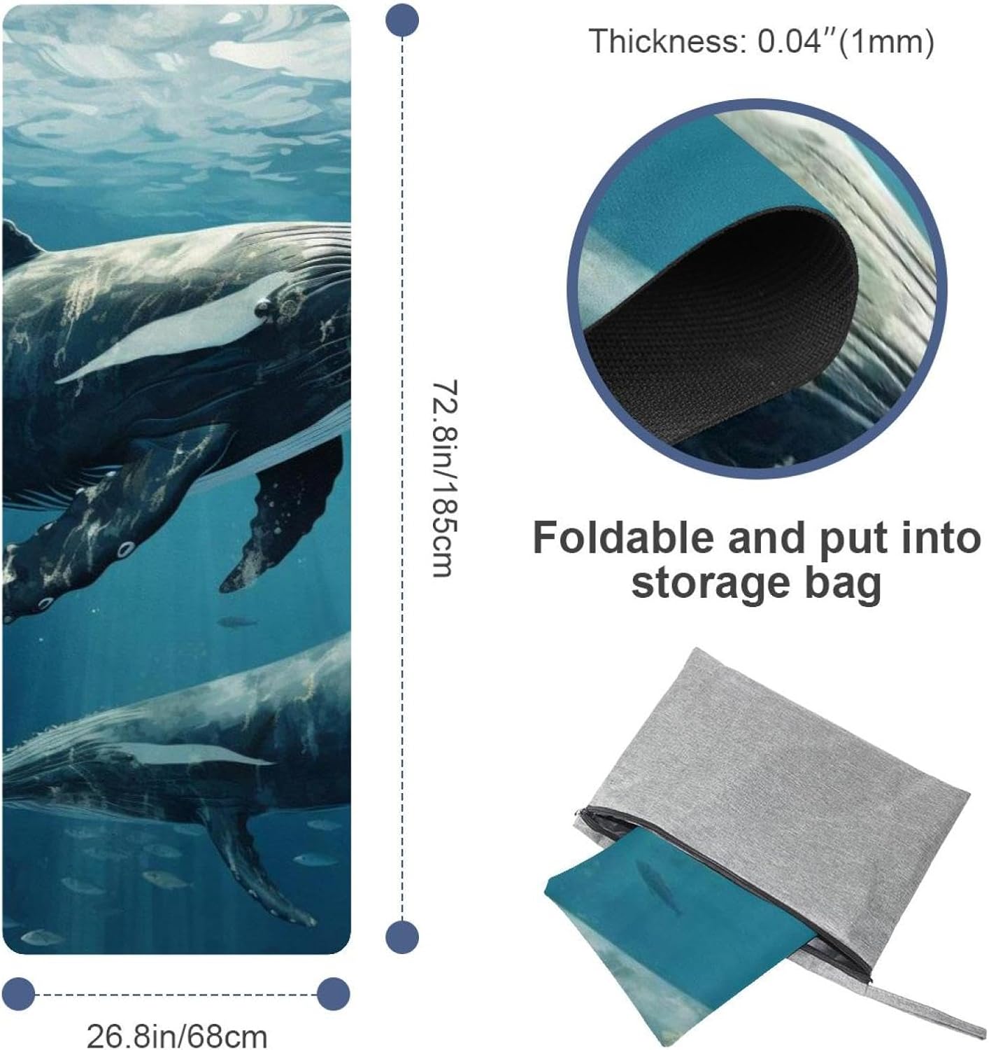 Yoga Towel, Whale Sea Pattern Non Slip Sweat Absorbent Hot Yoga Mat Towel for Hot Yoga, Pilates and Fitness - 72.8" x 26.8"
