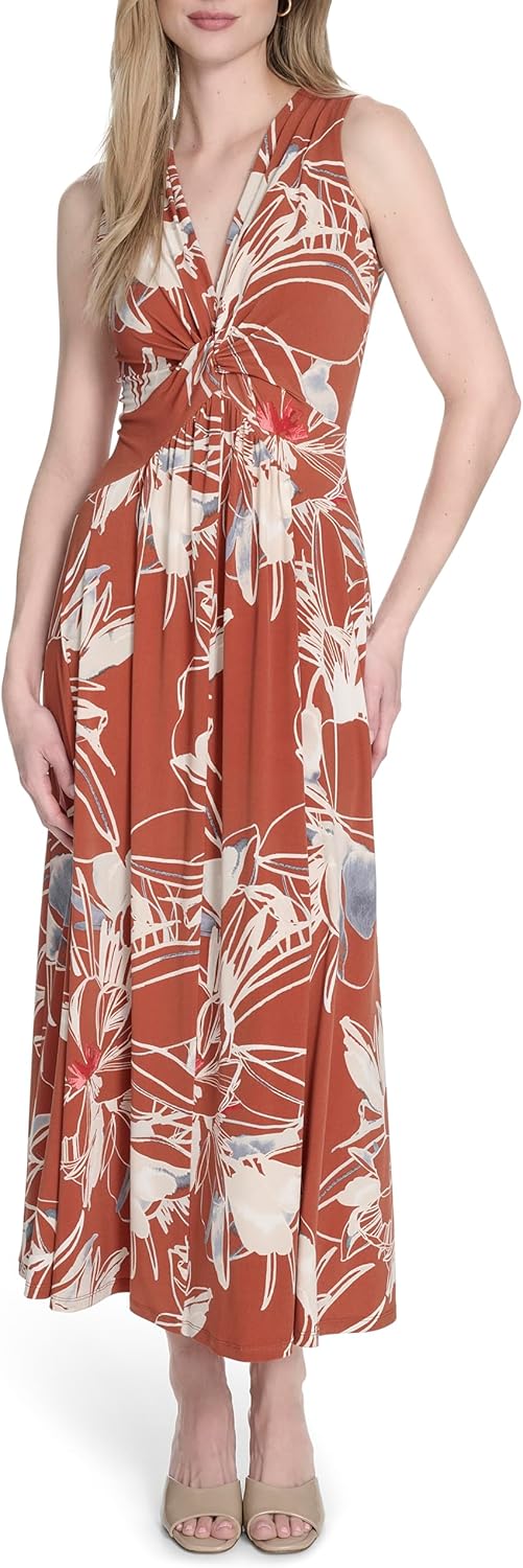 Calvin Klein Women's Sleeveless Knotted V-Neck A-Line Maxi Dress