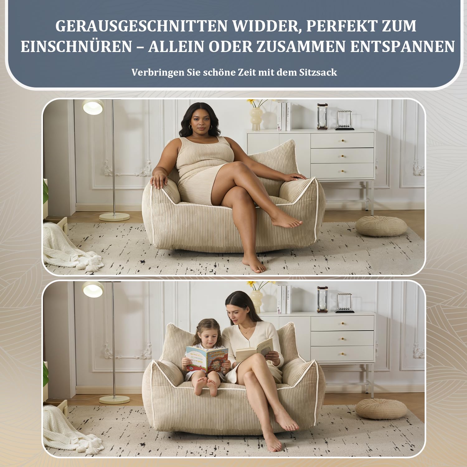 Sitzsack Cord mit Rückenlehne, Sitzsack Erwachsene mit Füllung, Großer Bean Bag aus Kunstfell, Bequemer Lounge-Sessel mit Hochdichtem Schaumstoff, Schlafzimmer & Wohnzimmer, Beige