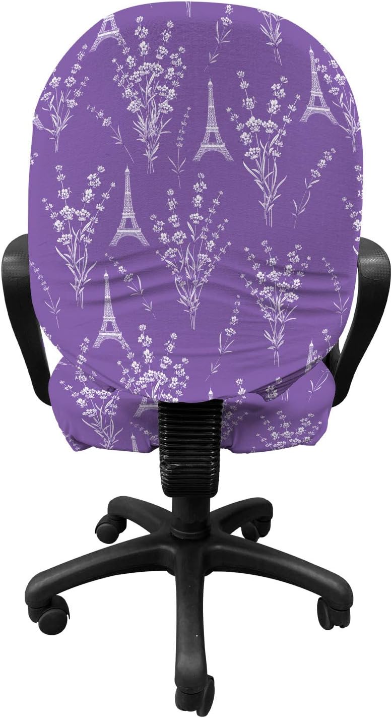 Lunarable Lavender Office Chair Slipcover, Design of Aromatic Botany Elements Leaves and Paris Eiffel Tower, Protective Stretch Decorative Fabric Cover, Purple White
