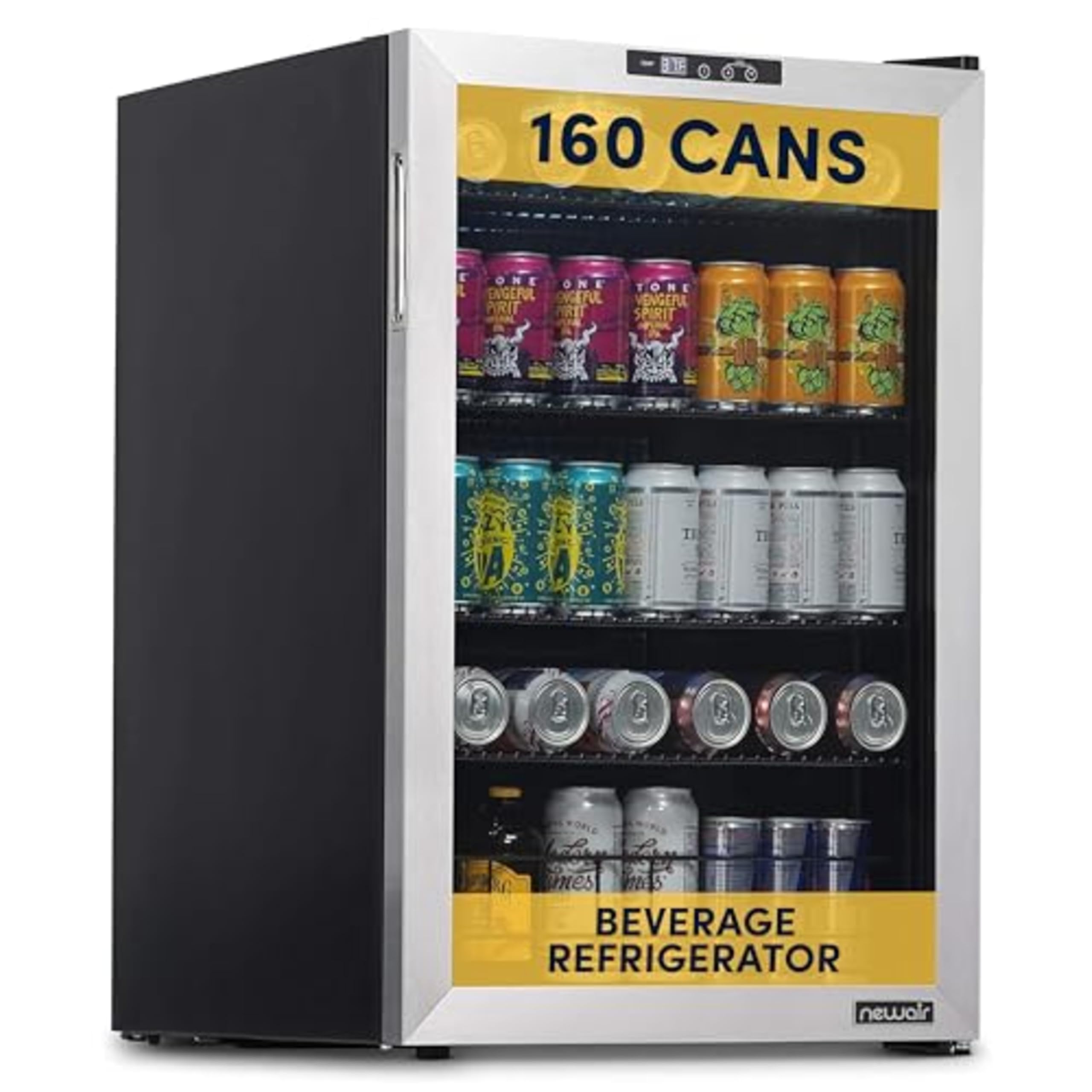 160 Can Beverage Refrigerator | Freestanding Small Mini Fridge for Bedroom, Home Bar or Living Room | SplitShelf Storage, Digital Thermostat & LED Light | Stainless Steel