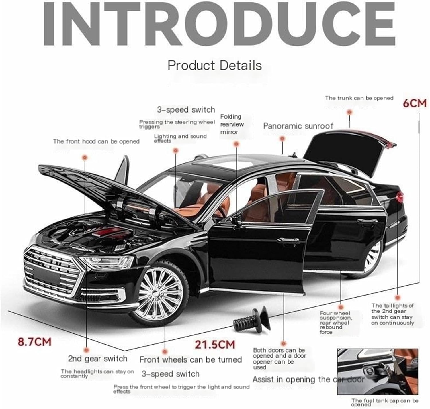 1:24 Simulation alloy car model - black A8 foam box models, flash models(White)