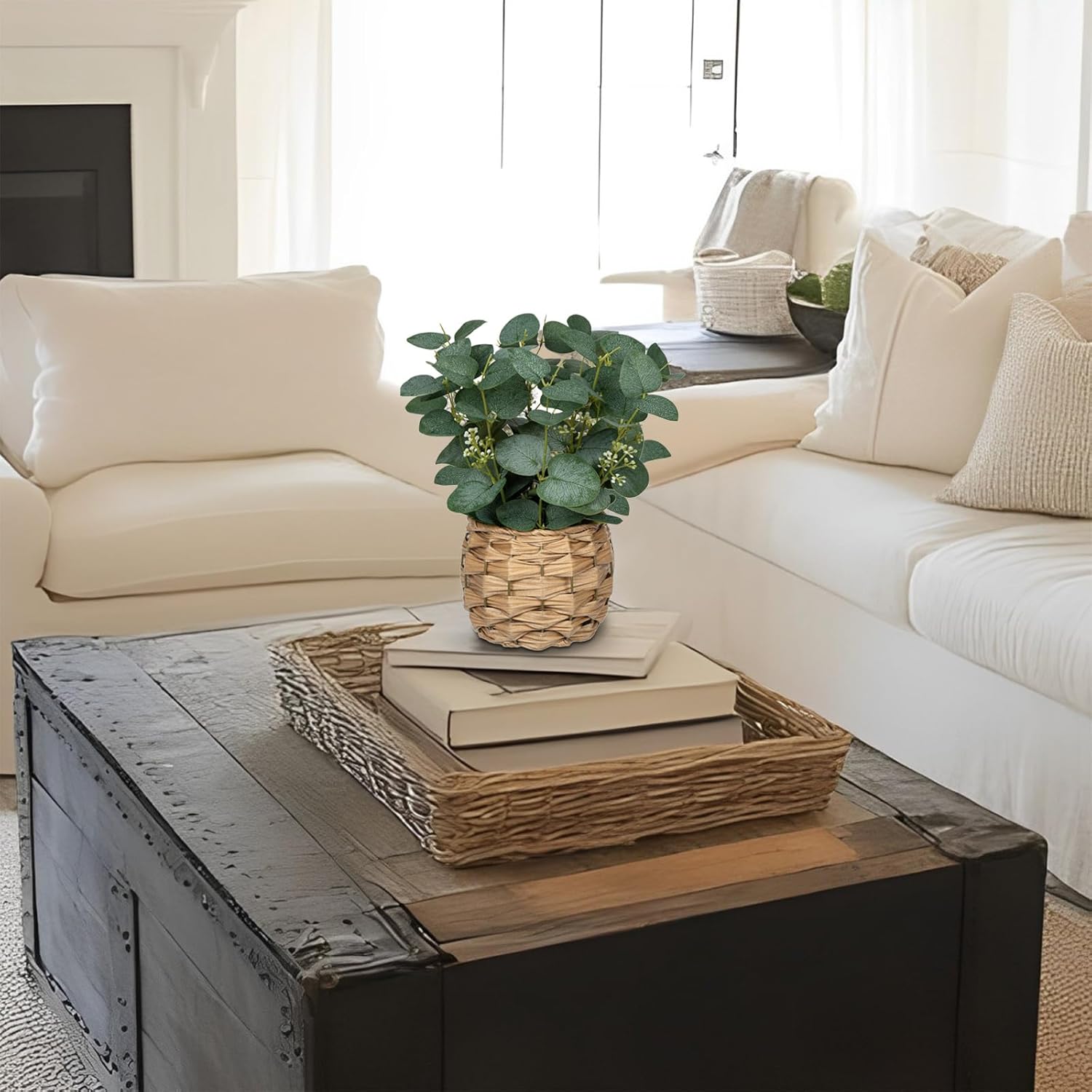 DILATATA Artificial Eucalyptus Stems in Woven Basket Planter, 11" Fake Plant Eucalyptus Leaves with White Seeds Faux Potted Plant Greenery for Table Centerpiece Office Indoor Home Decor - Image 5