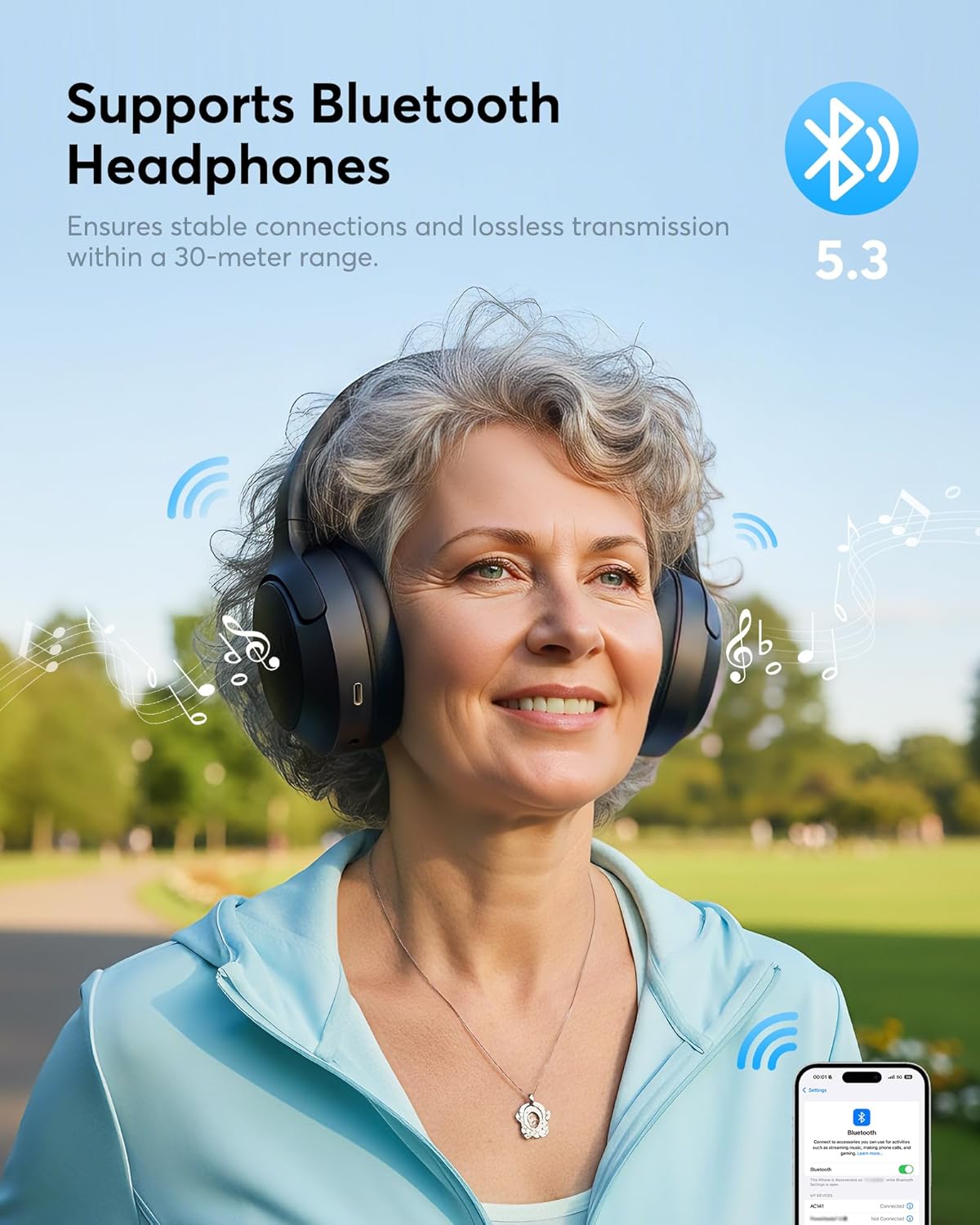 Woman wearing Doohoeek AC141 headphones, connected via Bluetooth to a smartphone.