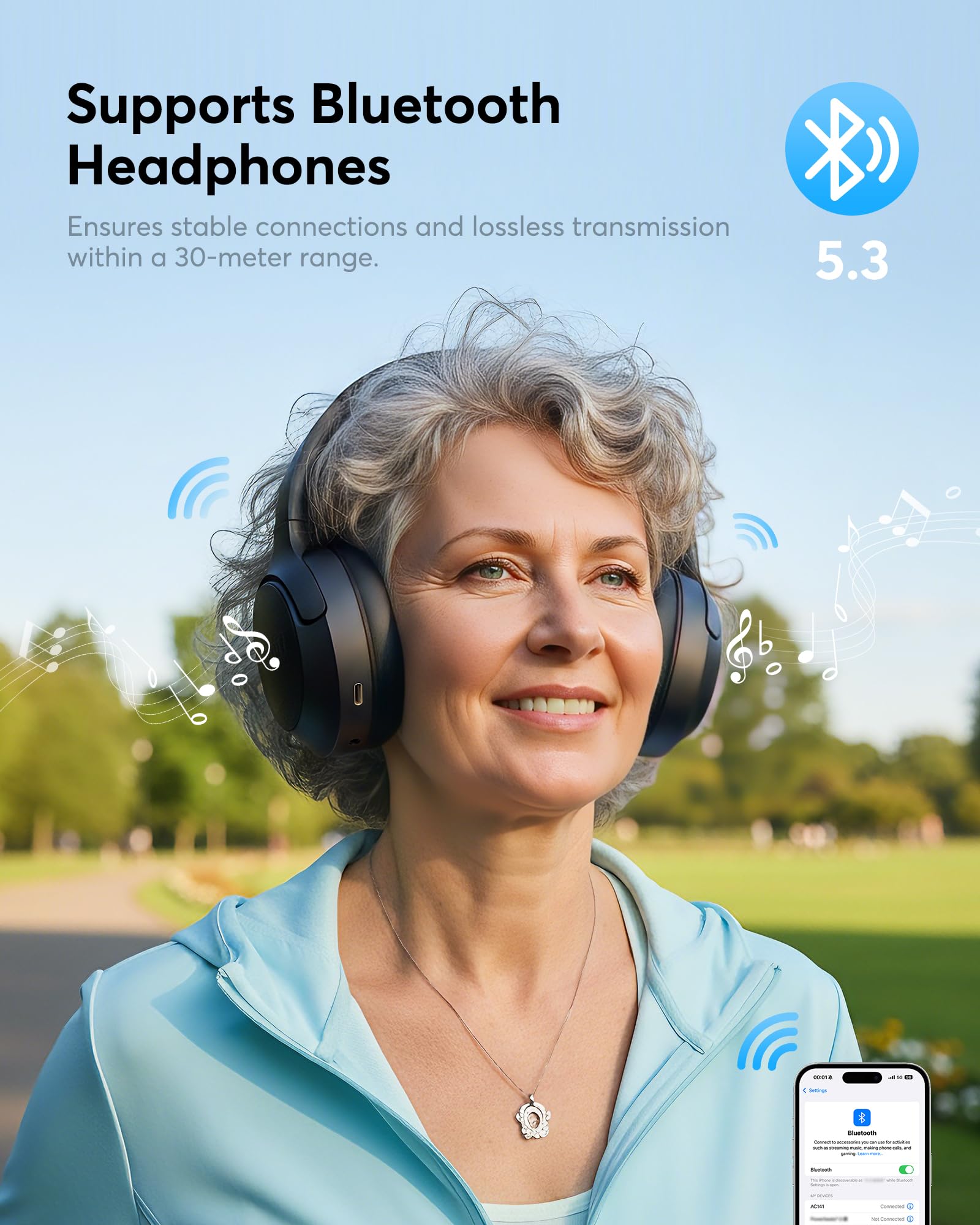 Doohoeek Casque Audio TV sans Fil, Casque Bluetooth 5.3 avec Station de Charge & Écran Digital, Autonomie 60H, Casque Léger et Pliable pour TV (Optique, AUX & Bluetooth)