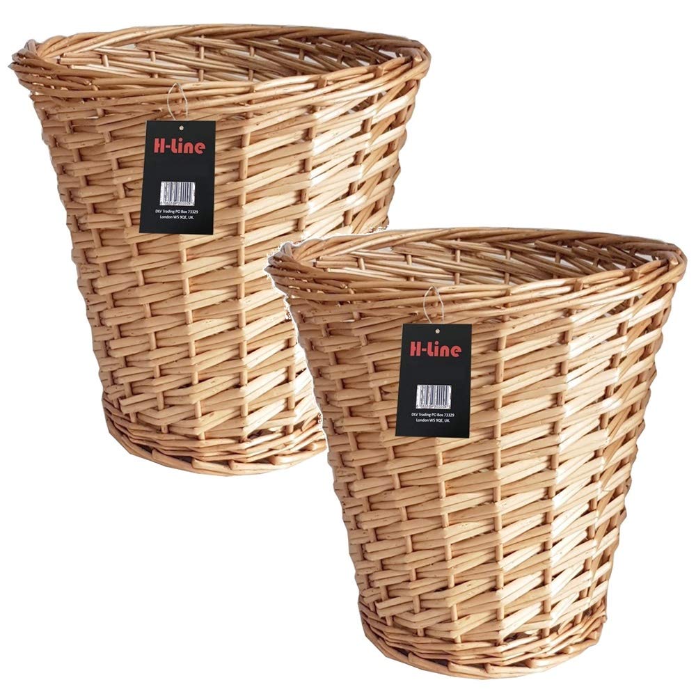 H-line 2 x Wicker Willow Round Paper Baskets Waste Bins Country Style Bathroom (Brown)