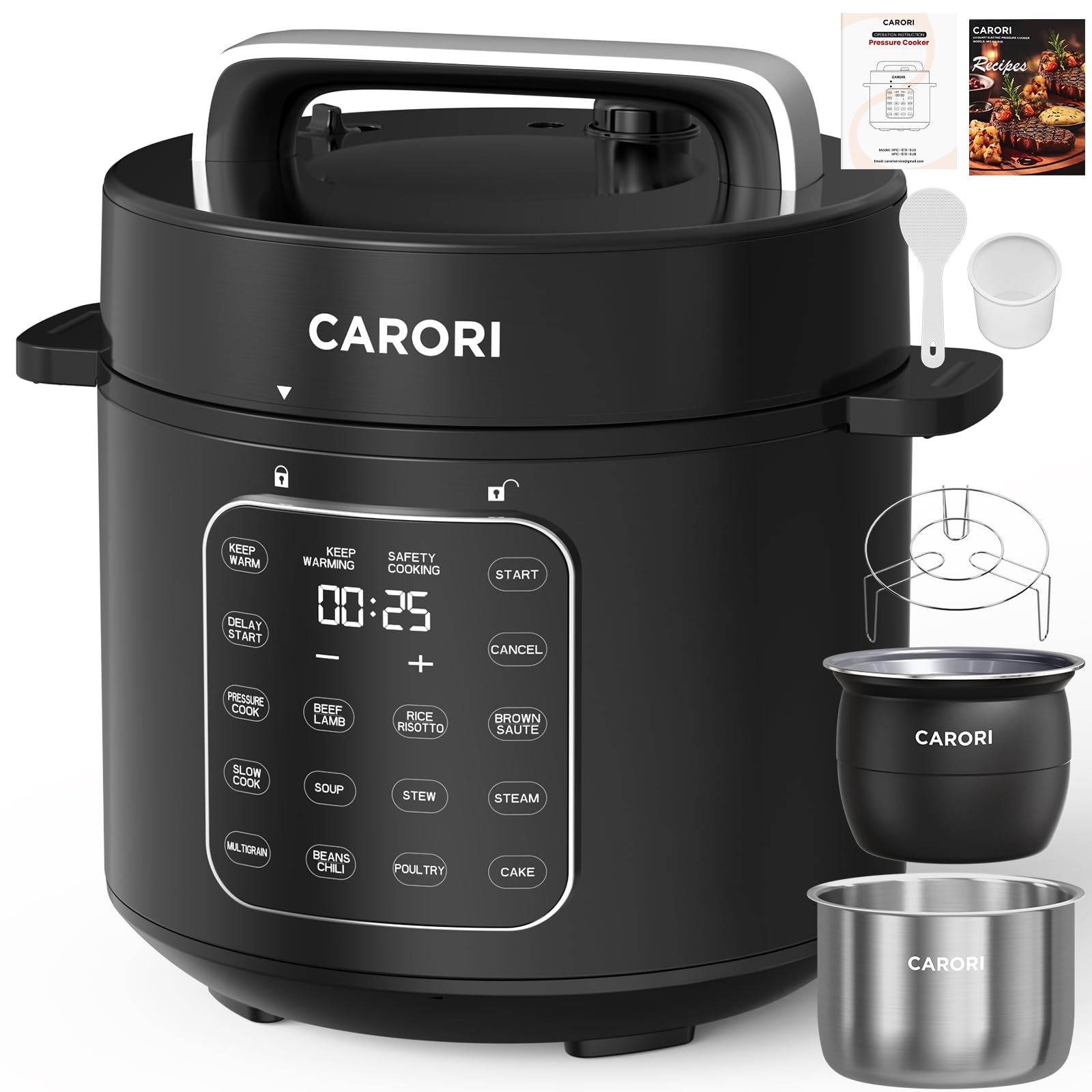 CARORI 6 Qt Electric Pressure Cooker, 9-in-1 Multi-Cooker with 2 Inner Pots, 6 Qt Stainless Steel Pot and 5 Qt Ceramic Nonstick Pot, 12 Presets, IMD Touchscreen, Black