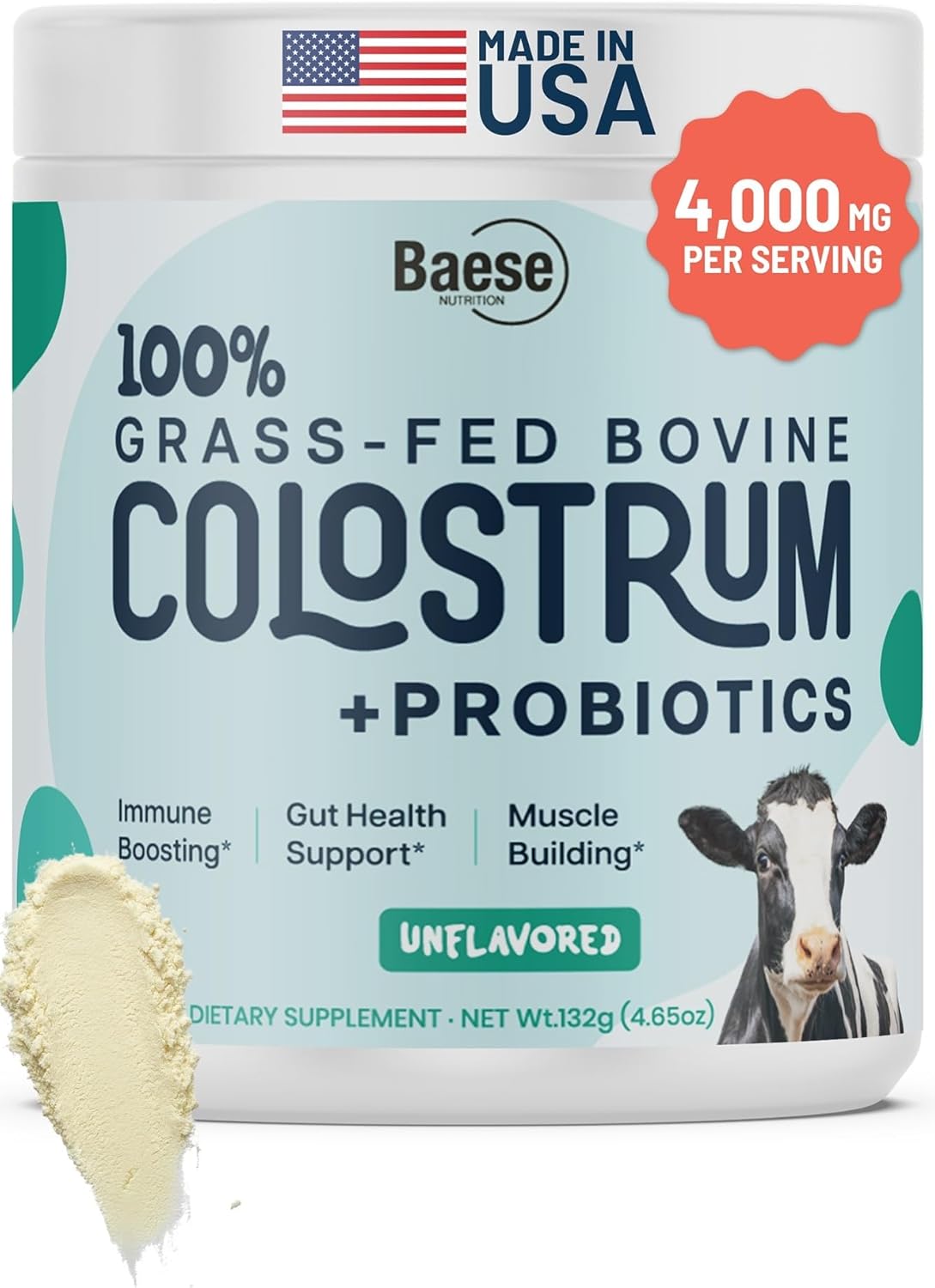 4000mg 800 IgG Grass Fed with Probiotics Bovine Colostrum Powder Supplement for Kids & Adults with Immunoglobulins (132 Grams, Unflavored)