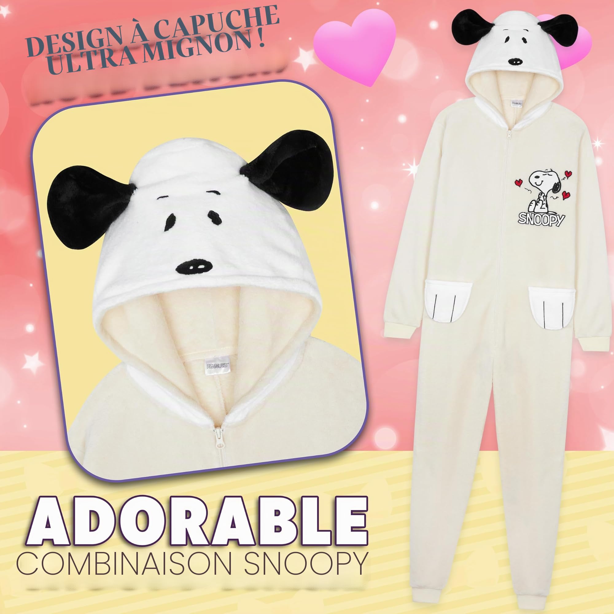 Peanuts Snoopy Pyjama Femme Combinaison Polaire Douce Hiver Chaud, Grenouillere Ado Pilou Pilou avec Capuche et Oreilles 3D