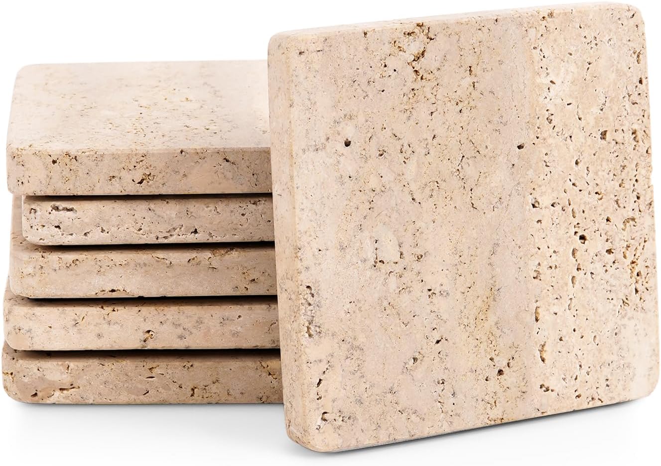 Marble Coasters Set of 6 Handmade Square 3.5 Inch Travertine Coaster for Drinks with Holder - Ideal Stone Drink Coasters for Coffee Bar Accessories, Gifts, Dining Table & Home Décor