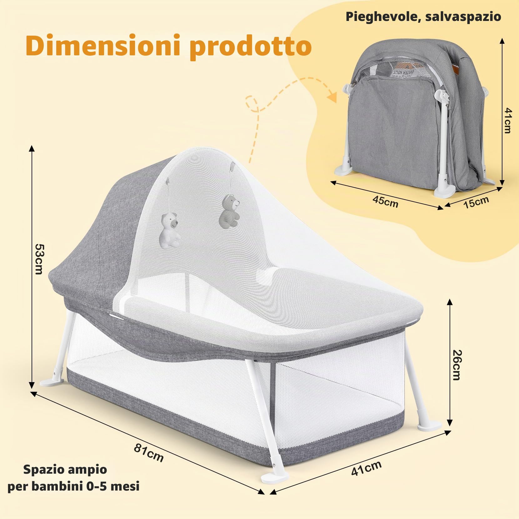 Lettino da Viaggio per Bambini, Adatto per bebè da 0 a 5 mesi, Tenda da Viaggio Pieghevole, Facile da Piegare, Dotato di Zanzariera e Giocattoli, Superficie 80 x 40 cm (Grigio)