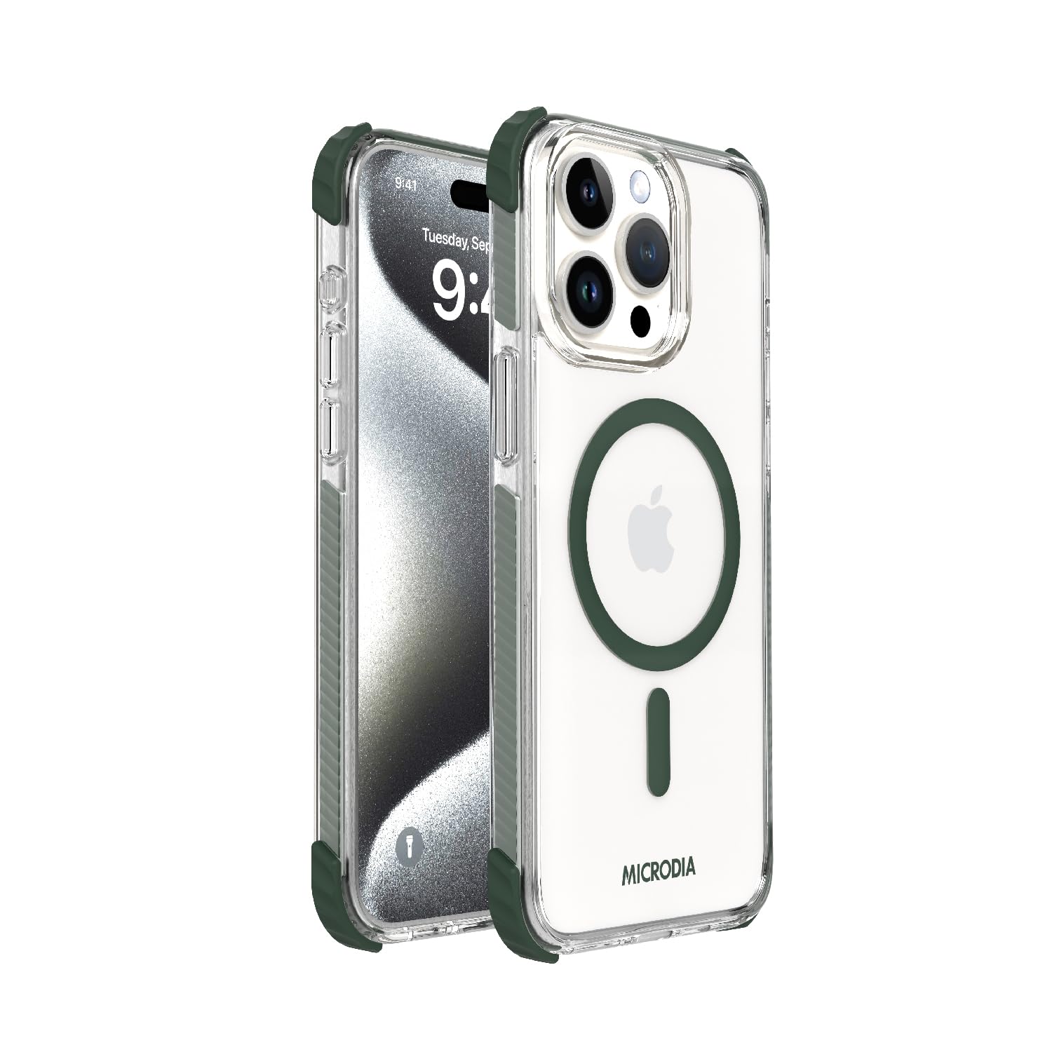 Coque verte Microdia Crystal Gear pour iPhone 15 compatible MagSafe protégeant vos souvenirs