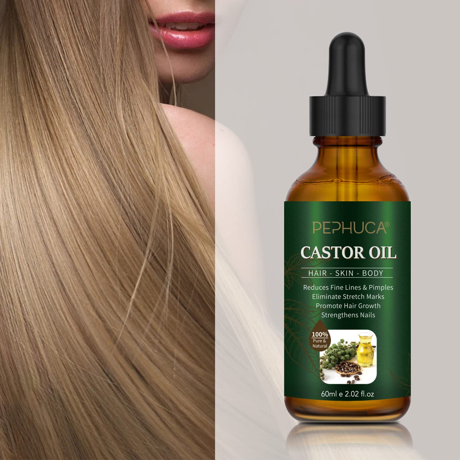 Olej rycynowy – Bio Castor Oil do włosów, rzęs, brwi, brody, paznokci, 100% czysty i naturalnie tłoczony na zimno, stosowany do wzrostu włosów, krem nawilżający i serum do rzęs, 60 ml
