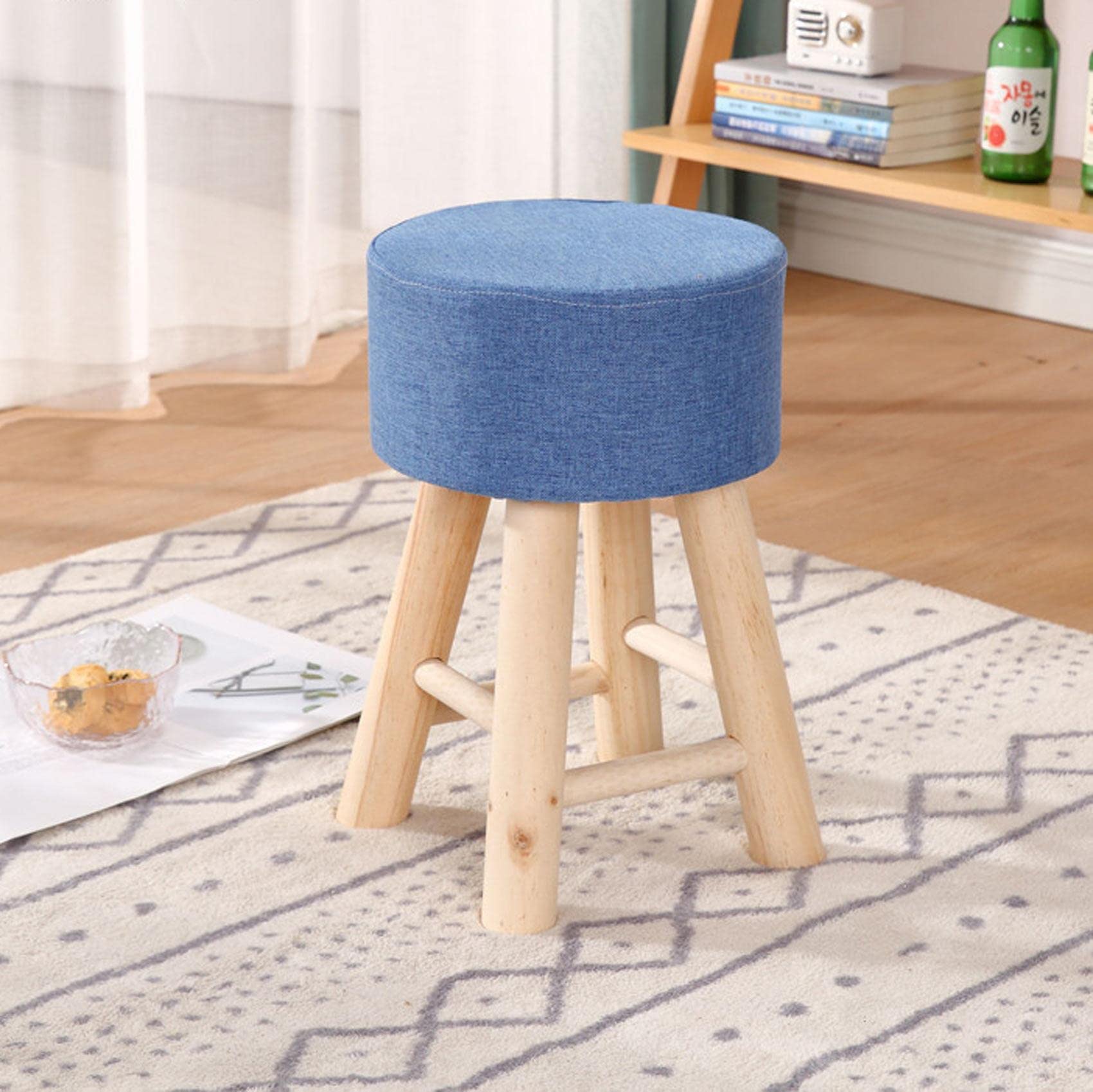 Pouf Repose-Pieds Rond LUNEZY en Coton Bleu Foncé avec 4 Pieds en Bois