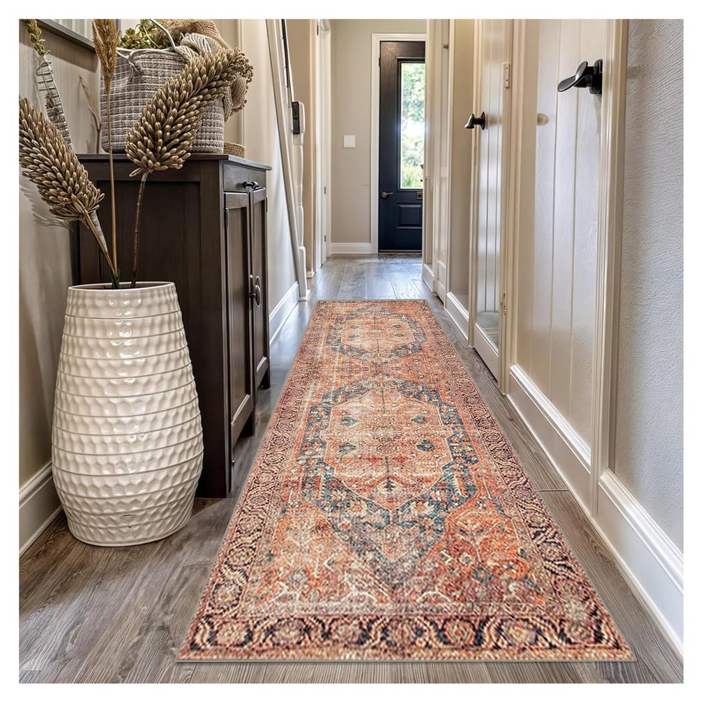 Tapis de couloir long 140x300cm orange boho antidérapant et doux