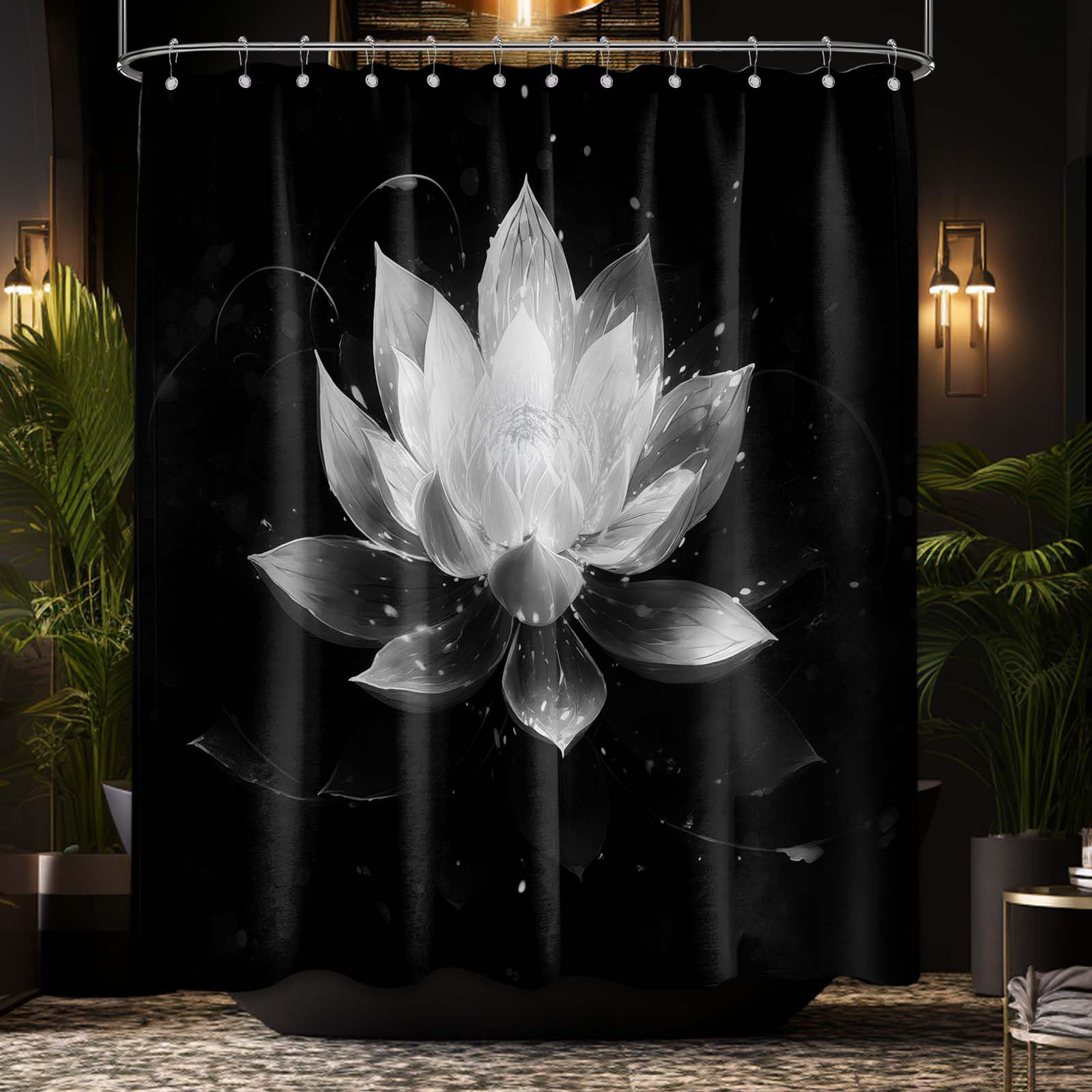 LanZanthic Lotus Shower Curtains for Bathroom Black and White Floral Spa Zen Wet Room Shower Curtain with hooks, Mould Proof Resistant, Waterproof, Washable, Fabric, 180 x 200 cm