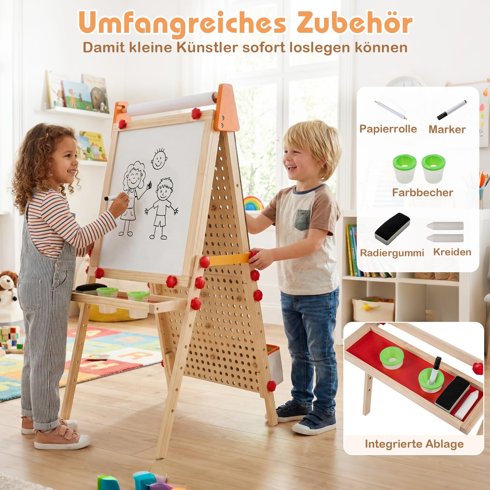 COSTWAY Tafel Kinder, Holz Spieltafel doppelseitig mit Magnet-Whiteboard, Papierrolle, Ablagefach & Murmelbahn, klappbare und höhenverstellbare Standtafel mit Zubehör für Kinder ab 3 Jahren