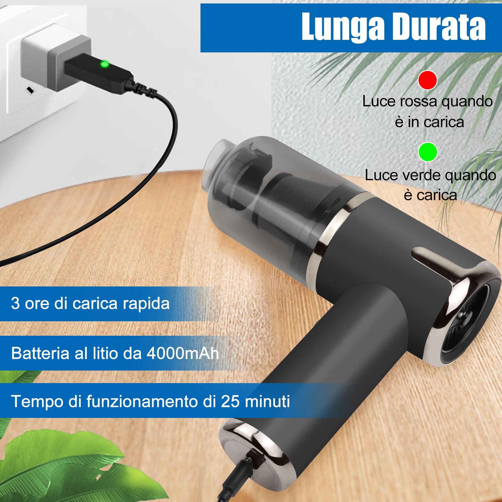 Aspirabriciole Senza Fili 7000Pa 3 In 1 – Aspirapolvere Portatile Auto Con Soffiatore E Batteria 5000mAh – Nero