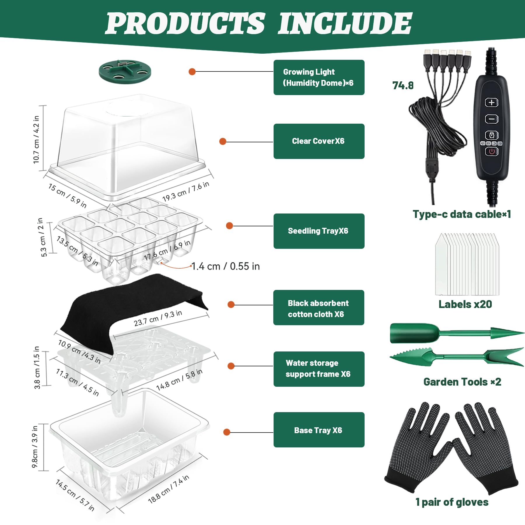 VEEKAY 6 Pièces Auto-arrosant Mini Serre pour Plantes kit,Kit de Culture Serre avec LED luminosité réglable,avec Coussin Absorbant,Température et humidité réglables,avec kit D'outils De Plantation