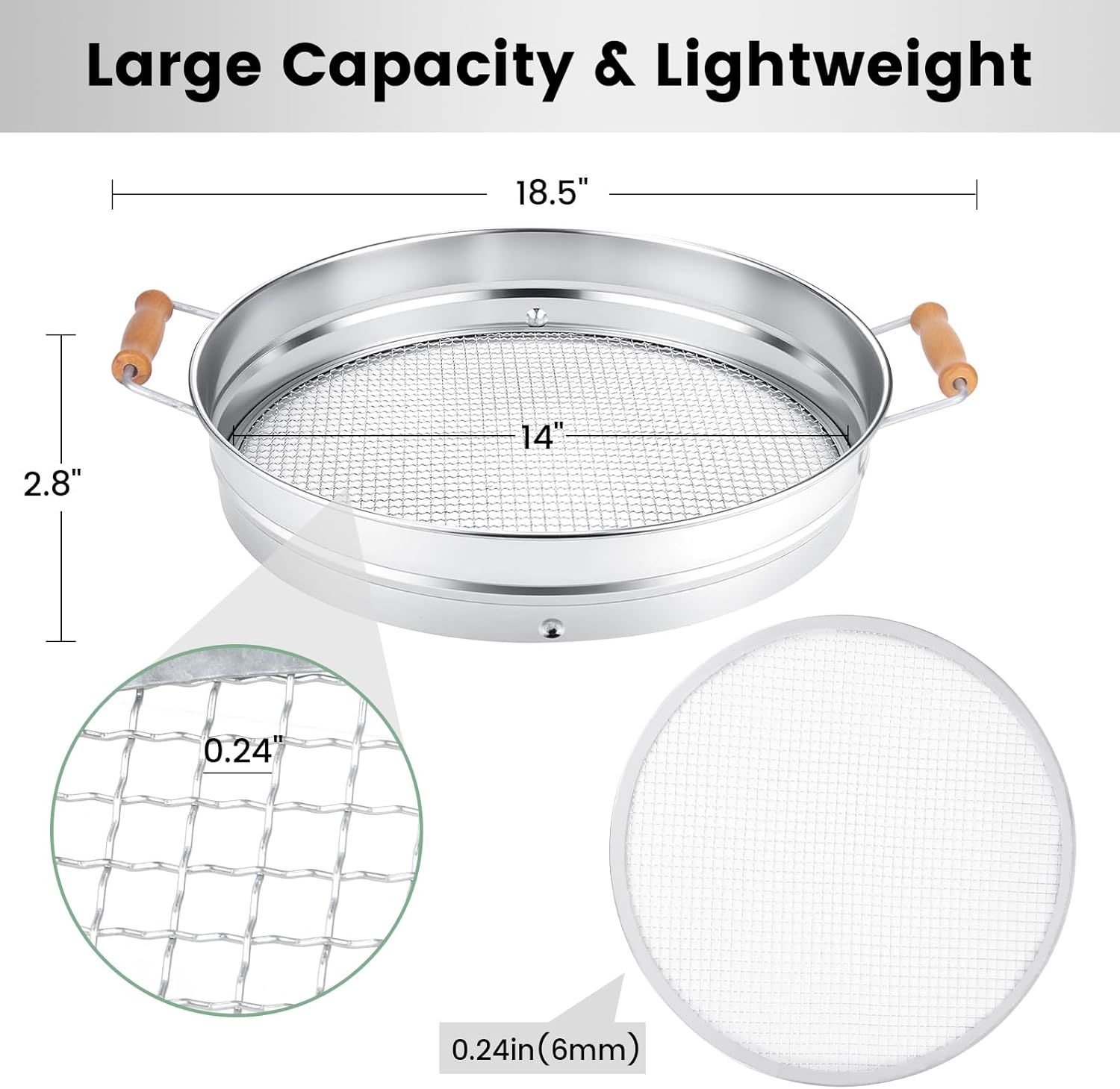 Stainless Steel Soil Sifter with Wood Handle - 14 Inch Large Garden Sieve & Compost Screen Pan for Dirt, Rocks, Gravel & Sand - Heavy Duty Rustproof Mesh (6mm)