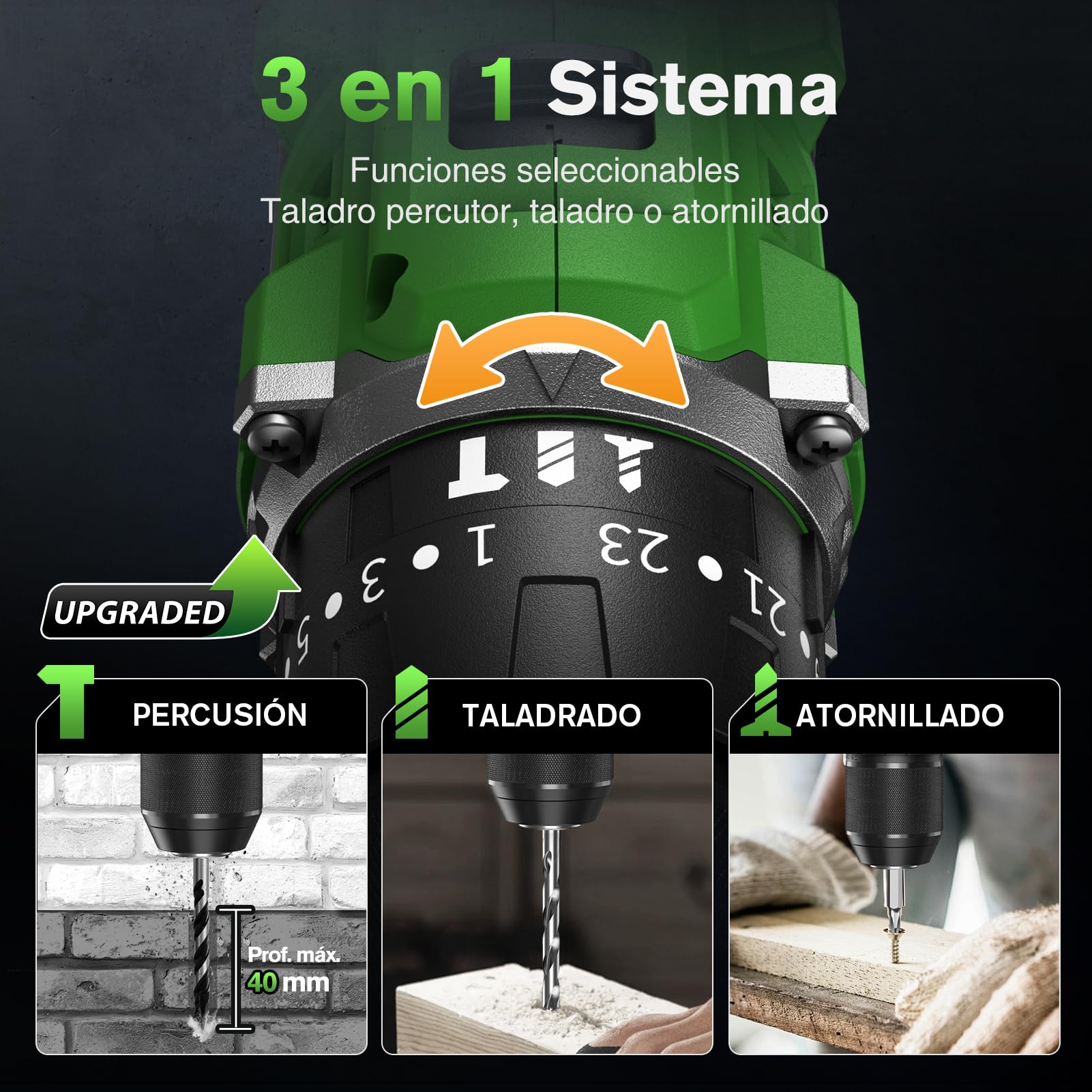 Ginour Taladro Percutor a Bateria sin escobillas 50Nm, 21V Atornillador | con 1x2Ah Baterías compatible con Makita 18V, 23+3 Par, 2 Velocidad Destornillador Electrico con función impacto