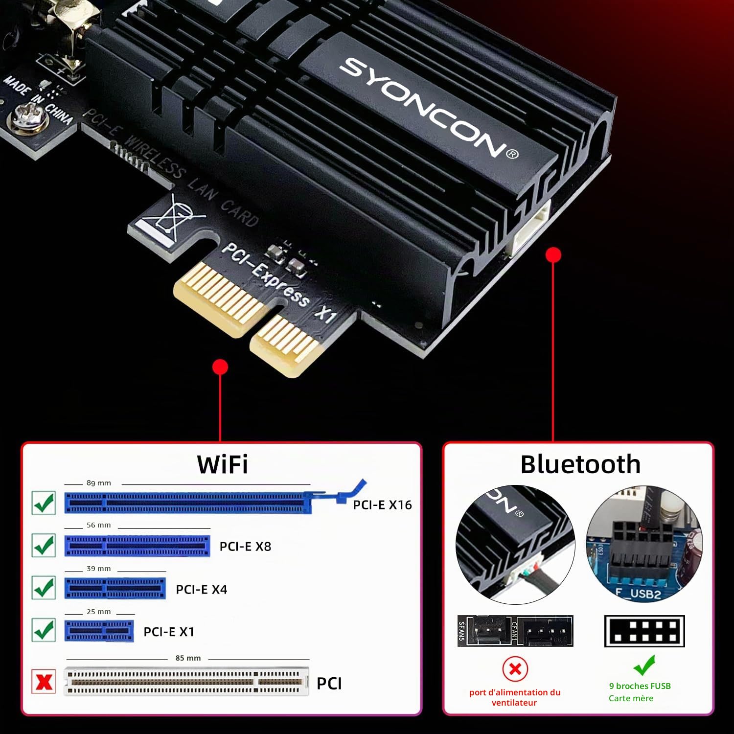 Carte WiFi PCIe AXE5400 Chipset Intel AX210 WiFi 6E avec Bluetooth 5.3 Tri-Bandes (6GHz/5GHz/2.4GHz) 5374Mbps PCI Express Carte réseau sans Fil Carte WiFi pour PC Windows 10/11 (Noir)