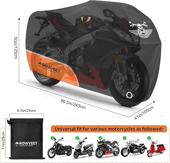 Motorcycle Cover Waterproof Outdoor Storage with Lock-Holes, Zipper Storage Bag & Night Reflective Design, All Season Protection Powersports Vehicle Covers Fits up to 96.5 Motorcycles