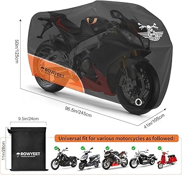 Motorcycle Cover Waterproof Outdoor Storage with Lock-Holes, Zipper Storage Bag & Night Reflective Design, All Season Protection Powersports Vehicle Covers Fits up to 96.5 Motorcycles