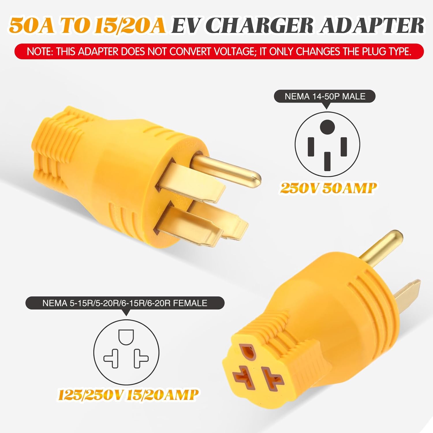 Kanayu EV Charger Adapter Compatible with NEMA 14-50P Male to 6-20/15R or 5-20/15R Female, 50Amp 4 Prong 14-50P to 20/15Amp T Blade Adapter for EV Charger Welder Heater