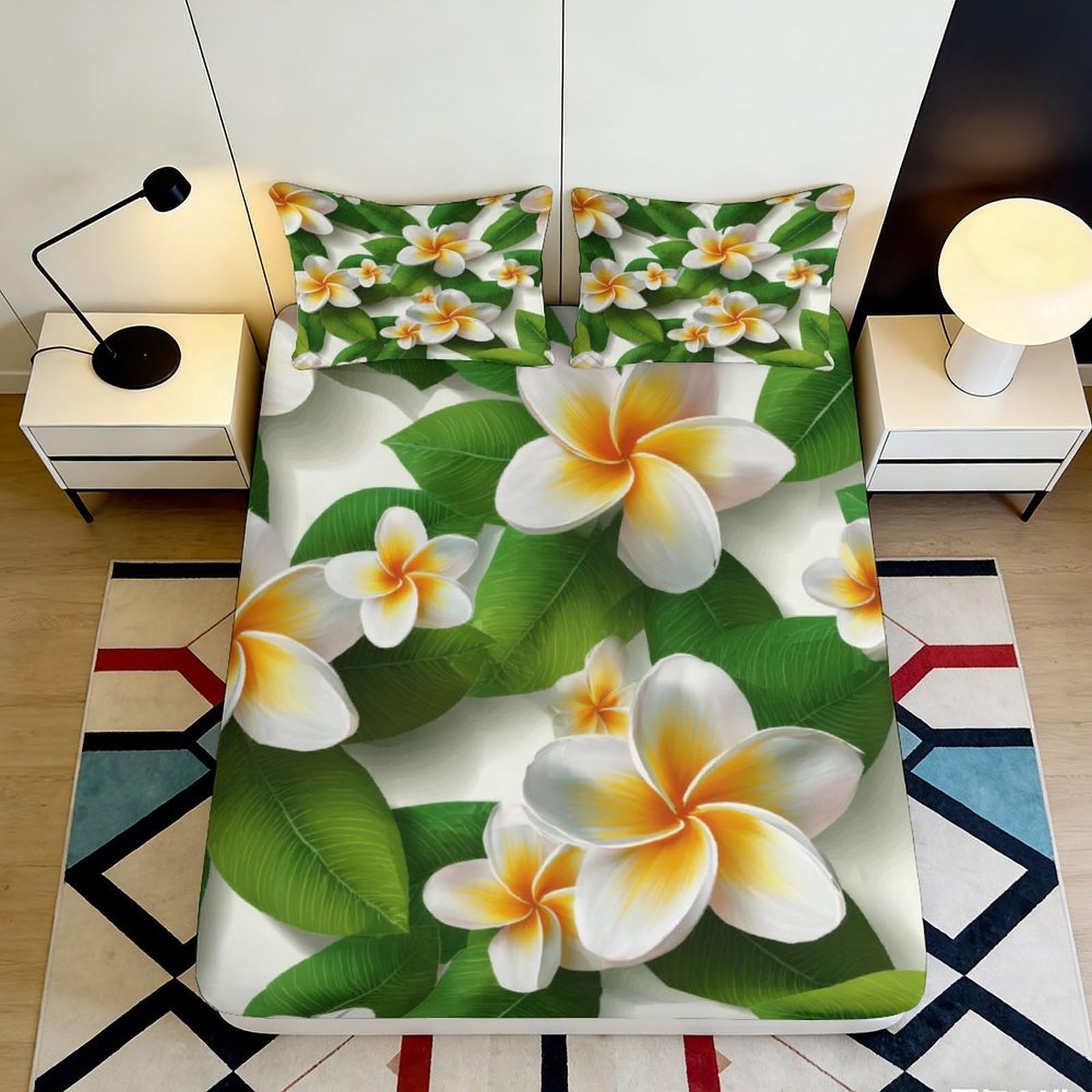3D Printed Plumeria Flower Fitted Sheet Microfiber Soft Non-slip Tropical Leaf Mattress Cover for Bedroom Guest Room 90x200x25cm
