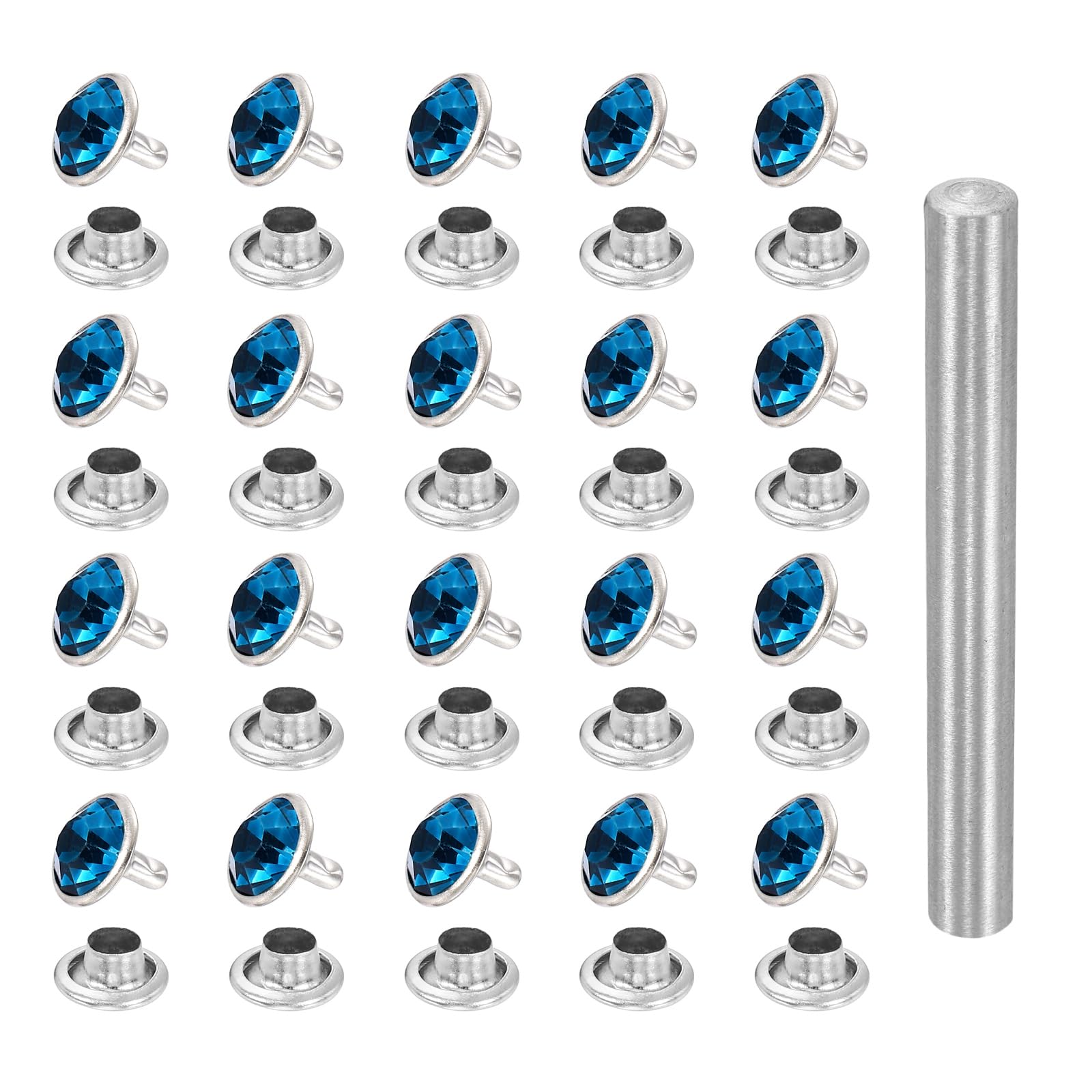 sourcing map 100pcs Crystal Rivets 10mm Rhinestone Rapid Stud Rivets with Steel Installation Tool for Clothing Leather Fabric Arts Crafts Decoration Leathercraft, Silver Light Blue
