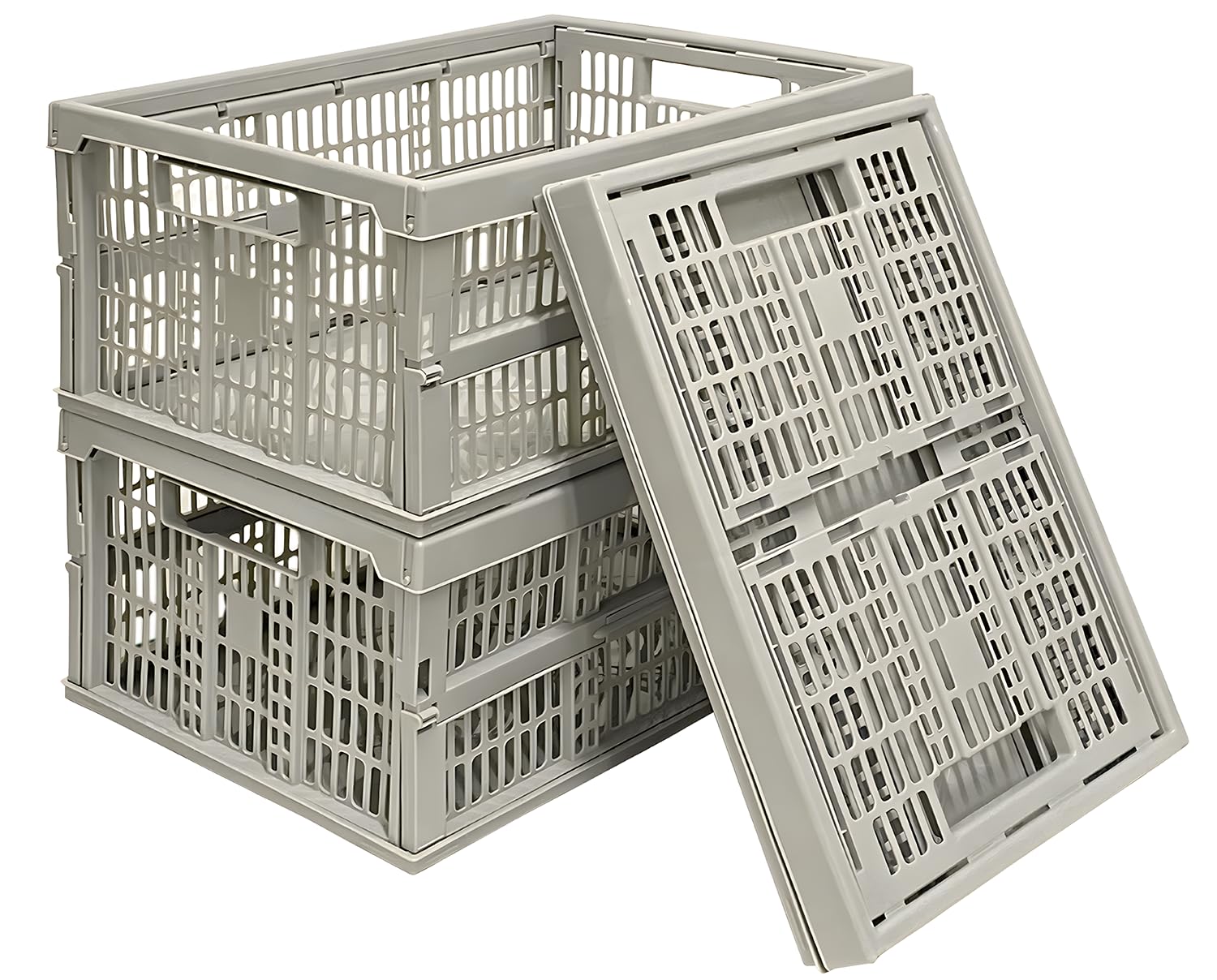 Vr7 Grey Folding Storage Crates With Handles Stackable Plastic Storage Baskets For Home Kitchen Collapsible Storage Boxes 3 Pack