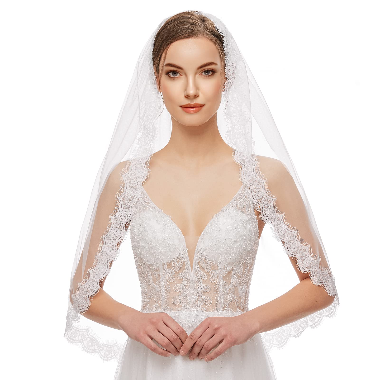 Yolev Voile Mariée Voiles Femme Cape Mariage Nuptial Simple Tulle Voile Blanc 1 Couche Dentelle Du Bout des Doigts Tulle de Mariée avec Peigne Convient Pour Fêtes de Mariage