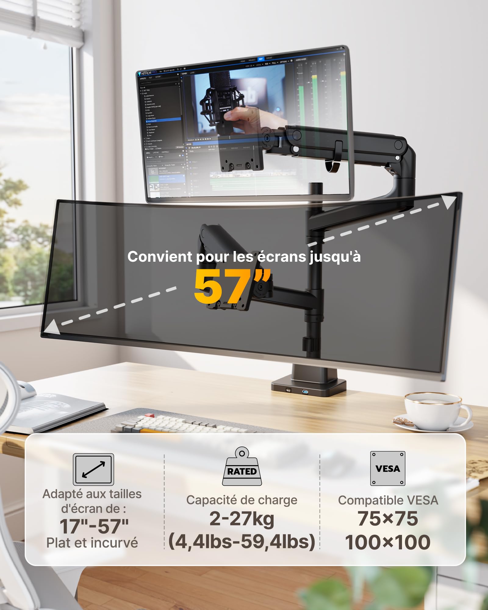 monTEK Bras Double Ecran PC17 à 57",VESA75/100,Charge Max 27Kg par Ecran