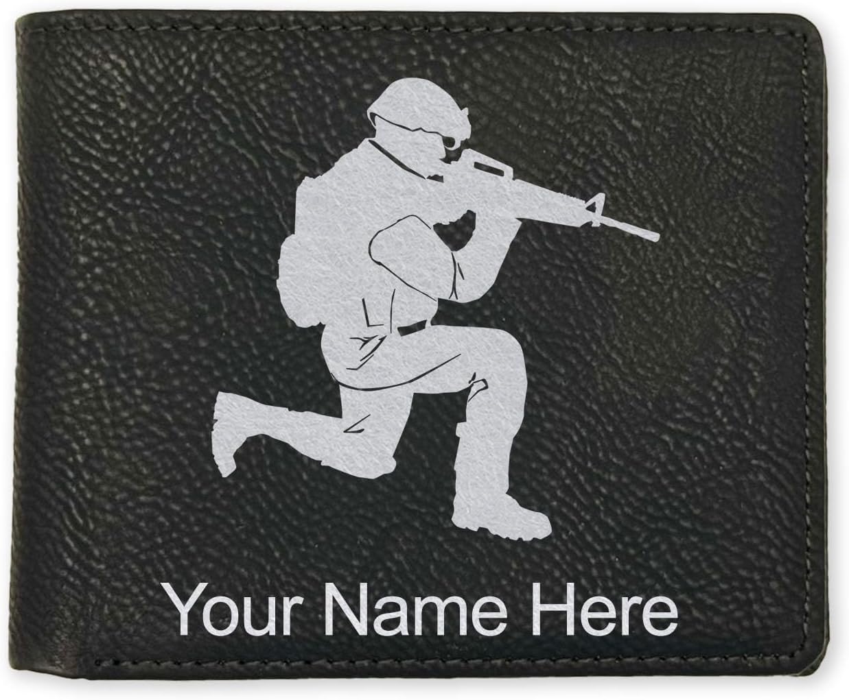 LaserGram Faux Leather Bi-Fold Wallet, Military Soldier, Personalized Engraving Included (Black with Gold)