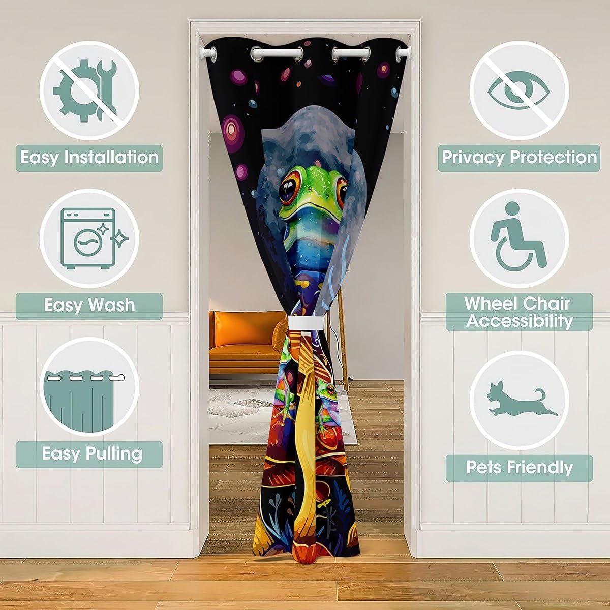 Homewish Cartoon Frog Mushroom Door Curtain 1 Panel 34" W X 80" L Colorful Planets Outerspace Moon Doorway Curtain for Closet Door Cute Wild Animals Plants Hippie Door Drape for Bedroom Privacy