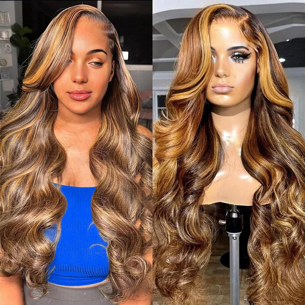 QUANDIAN Highlight Lace Front Wigs Human Hair Pre Plucked 180% Density Body Wave Wig 13x6 HD Lace 32 Inch Human Hair Wigs for Black Women Glueless