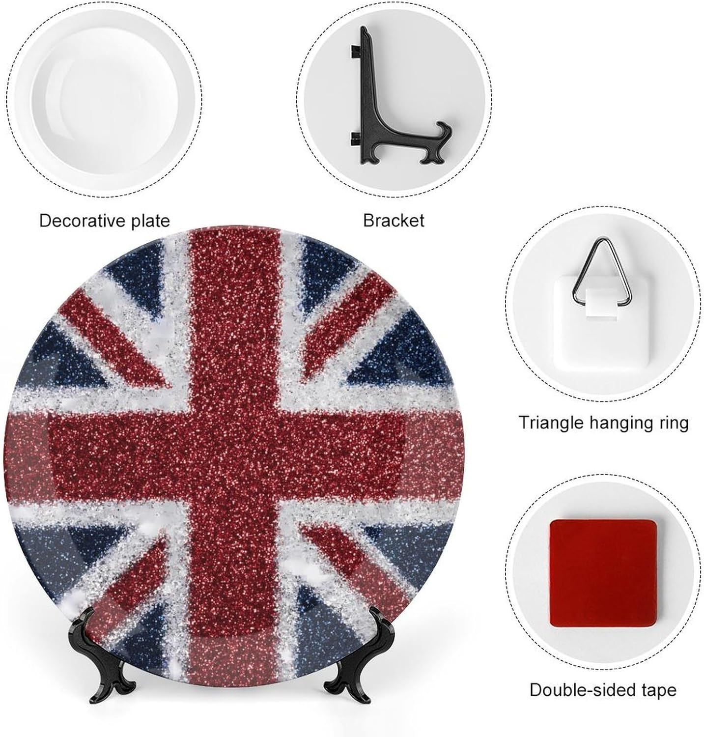 Glitter Union Jack UK Flag Printed Decorative Plate with Display Stand Handmade Ceramic Ornament Hanging Wall Decor for Foyer Home Office