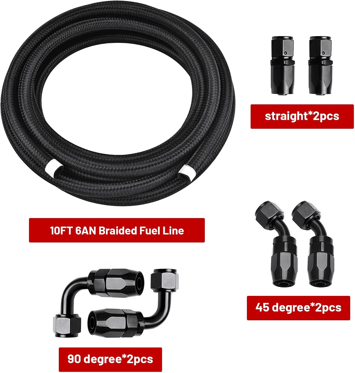 3/8″ 6AN 10FT Fuel Line Hose Kit, AN6 Nylon Stainless Steel Braided Fuel Line Oil/Gas/Fuel Hose End Fitting Hose with 6 PCS Swivel Fuel Hose Fitting Adapter Kit - Black (ID: 0.35 Inch)