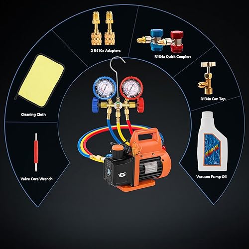 Miniatura 7 de Juego de bomba de vacío de CA de 4.5 CFM y calibrador, para sistemas Mini SplitHVACAuto, kit de manómetro compatible con R134a R12 R22 R502, incluye