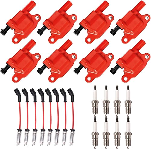 ENA Juego de 8 bobinas de encendido rojas y cable rojo de 0.276 in con 8 bujías de platino compatibles con Chevrolet GMC Avalanche Corvette Impala