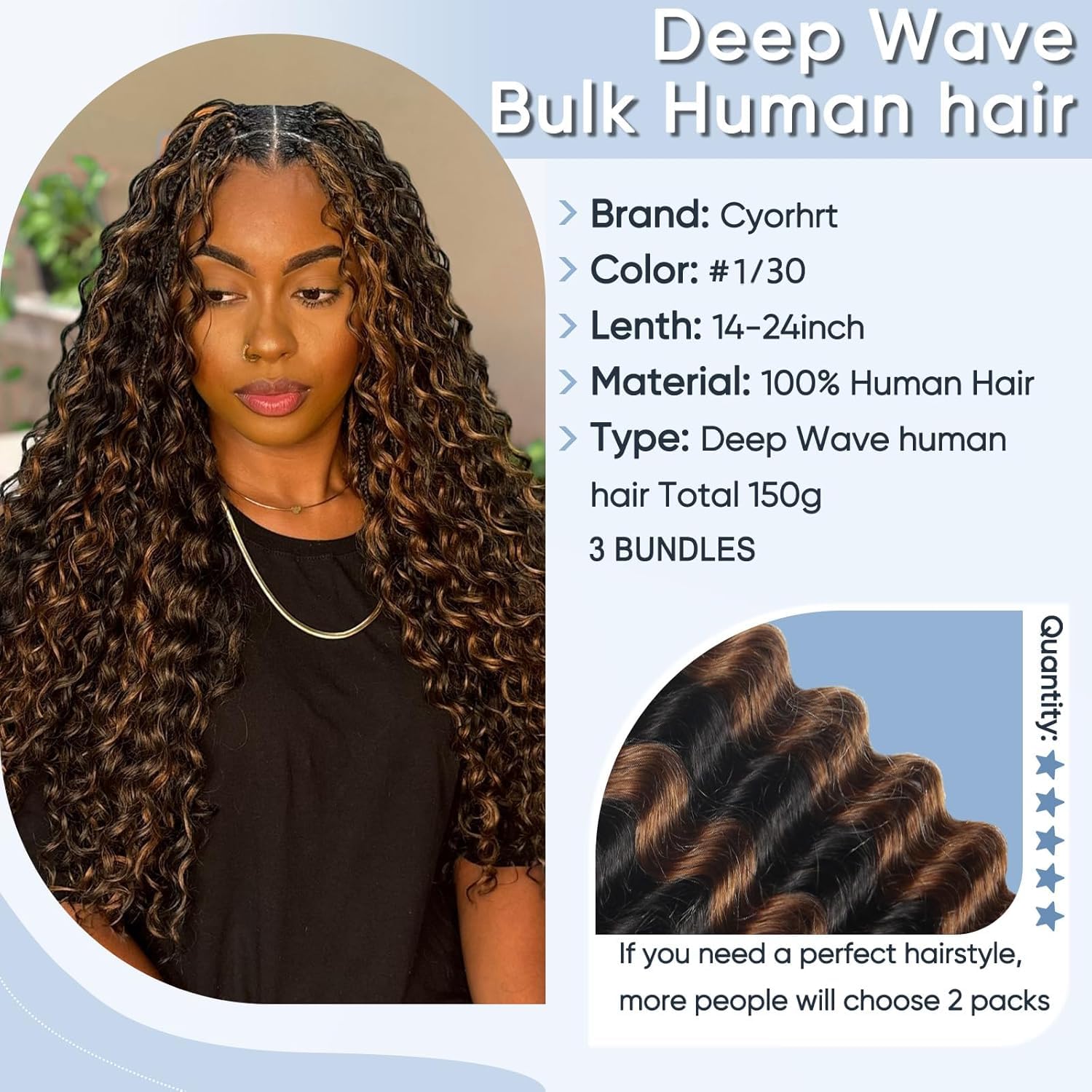 Human Braiding Hair for Boho Braids,150g 22 Inch 3 Bundles Ombre Deep Water Wave Bulk Boho Curly Human Hair Bundle for Braiding,1b/30 Highlight No Weft Wet and Wavy Knotless Braiding Hair Extensions