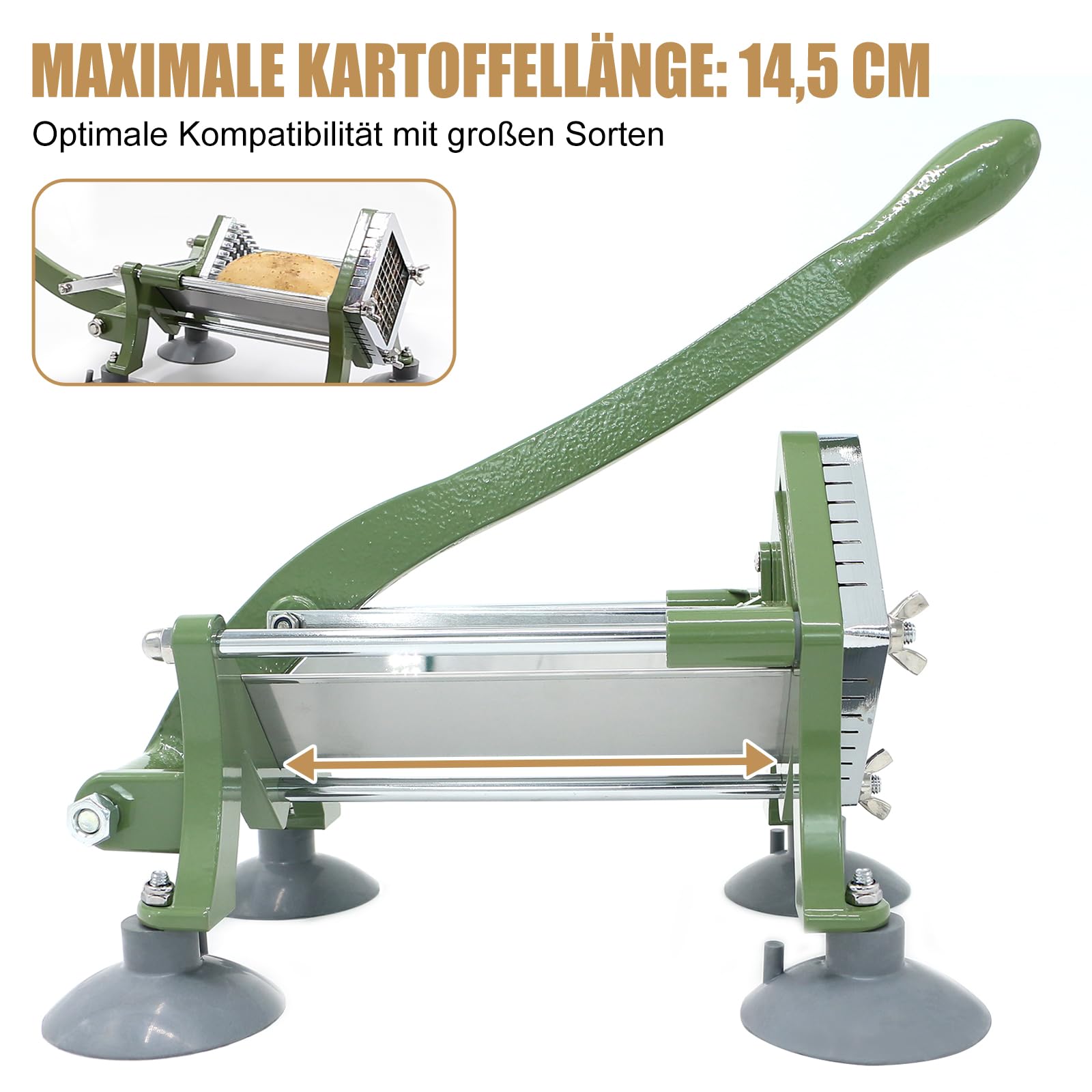 Pommes Frites Schneider Commercial Manuell Pommesschneider Professioneller Saugfüßen Komplettset French Fries Cutter mit Schwerem Gusseisen-Griff und 3/8" (10x10mm) Klinge